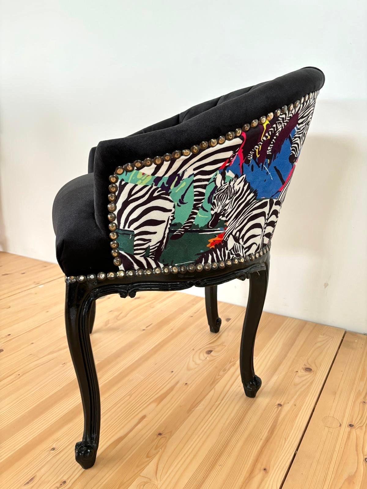 Cocktail Chair Tufted Velvet Black French Baroque Rococo Style in Jungle Zebra Print at Back Lounge Bar Chair in Tufted Velvet Black