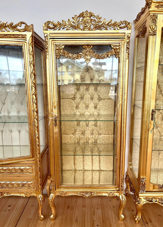 Display Cabinet French Louis XV Style Showcase Antique Style Reproduction in Gold Finish Retro Baroque Style Display Cabinet
