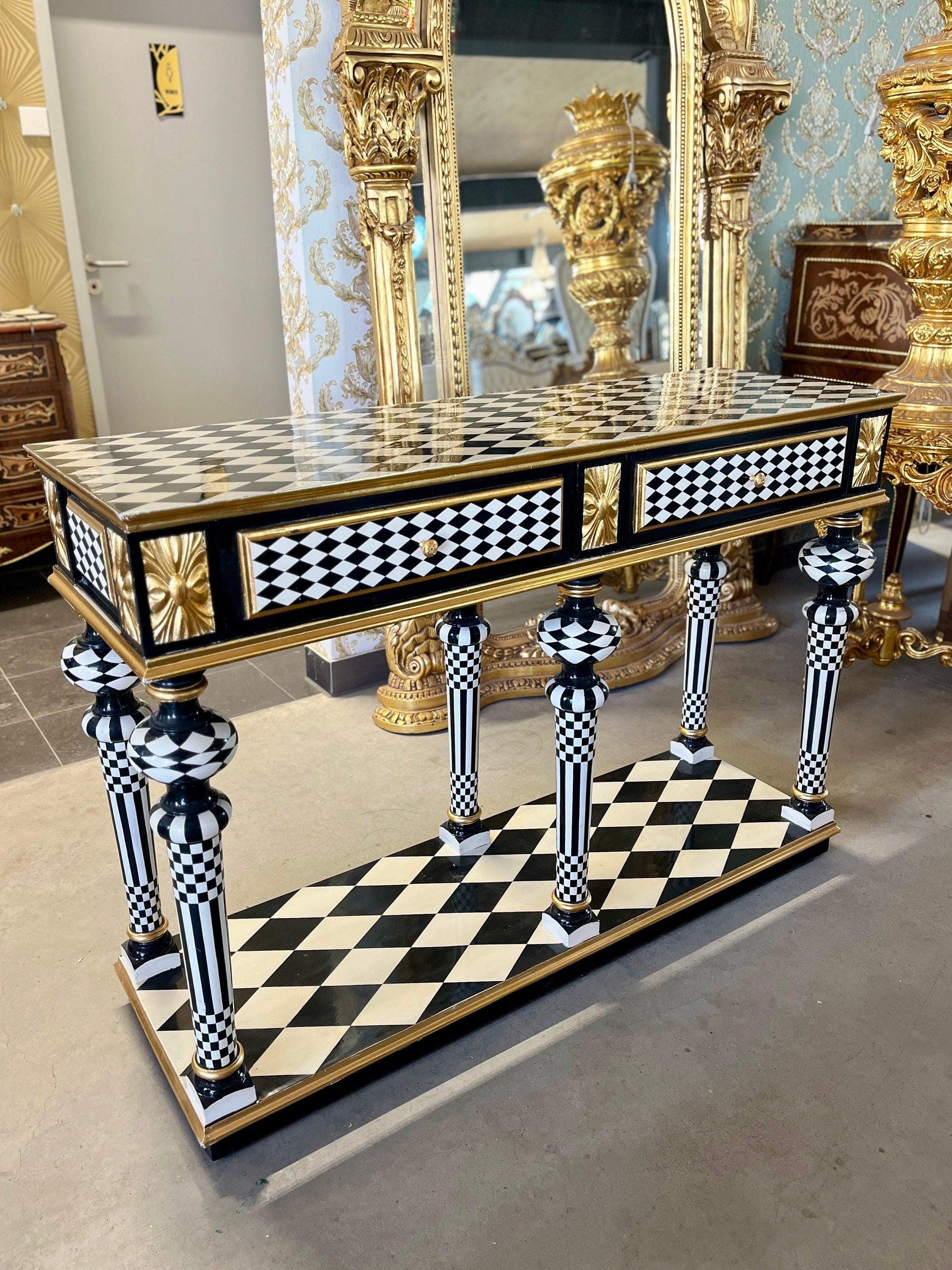 Art Décor Table Black Diamond Print Baroque Style Luxurious Desk Inlaid 2 Drawers in Black & White Color Bronze Handles - LIMITED EDITION
