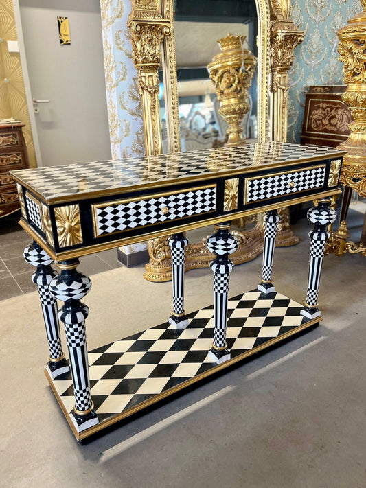 Art Décor Table Black Diamond Print Baroque Style Luxurious Desk Inlaid 2 Drawers in Black & White Color Bronze Handles - LIMITED EDITION