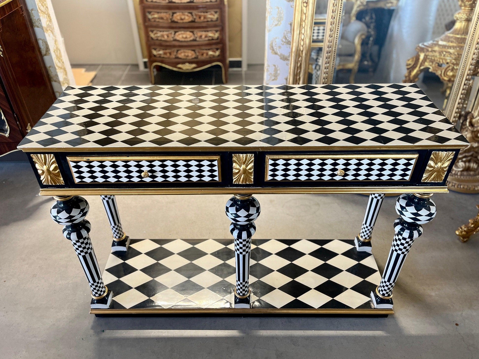 Art Décor Table Black Diamond Print Baroque Style Luxurious Desk Inlaid 2 Drawers in Black & White Color Bronze Handles - LIMITED EDITION