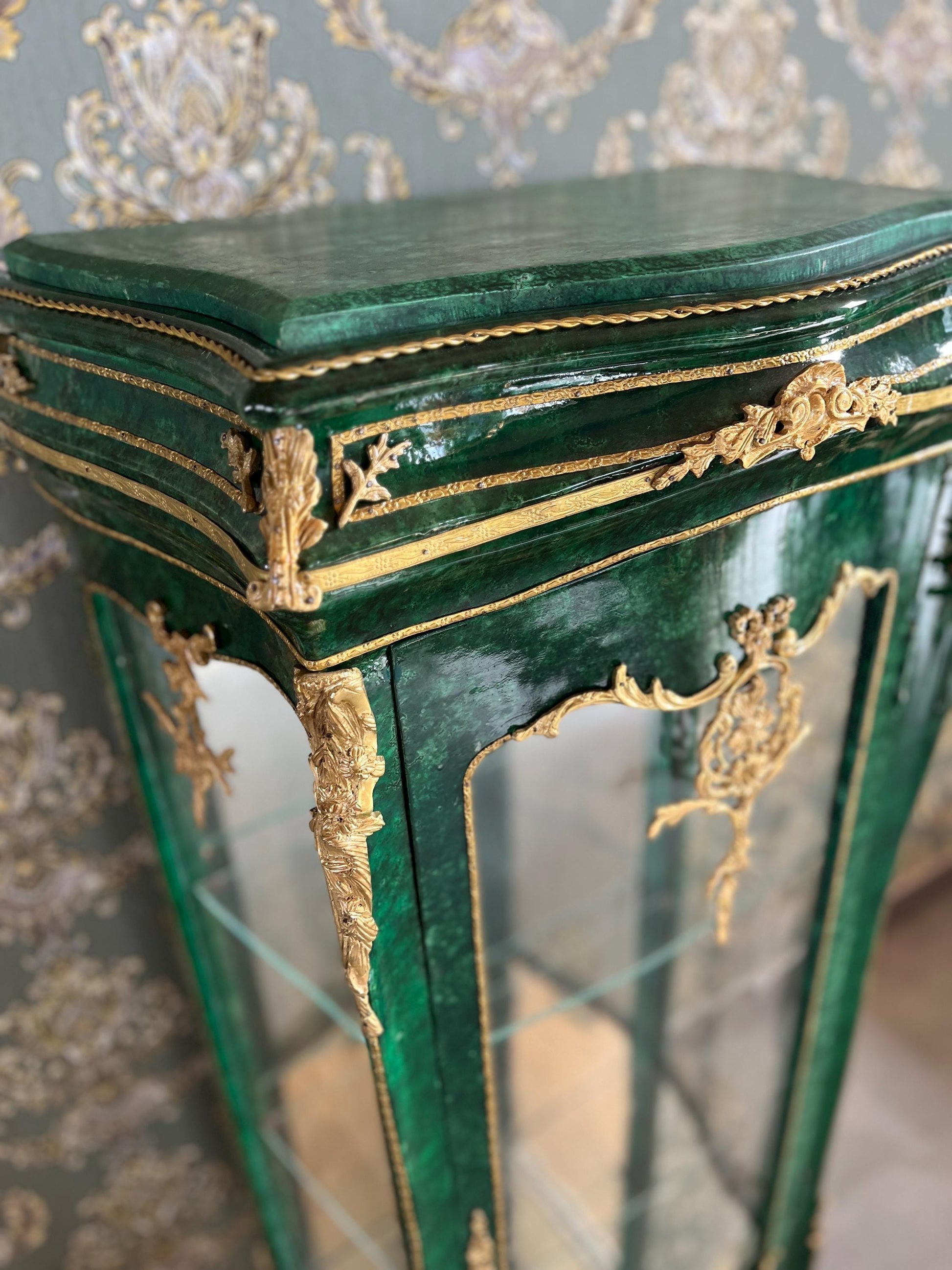 Display Cabinet Middle Size in Emerald Green French Baroque Royal Style Marble Slab Top Showcase Home Decor Xmas Gift - LIMITED EDITION