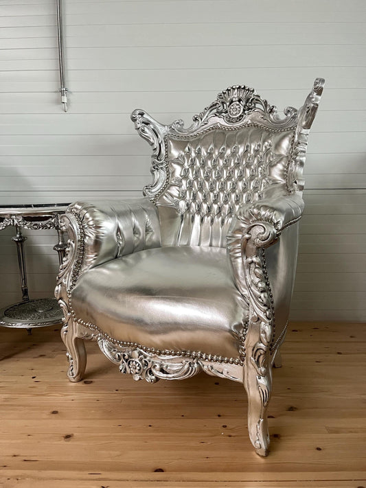Armchair Silver French Louis Style Sofa Chair Italian Antique Style Armchair Baroque Rococo Style in Silver Finish for Living Room