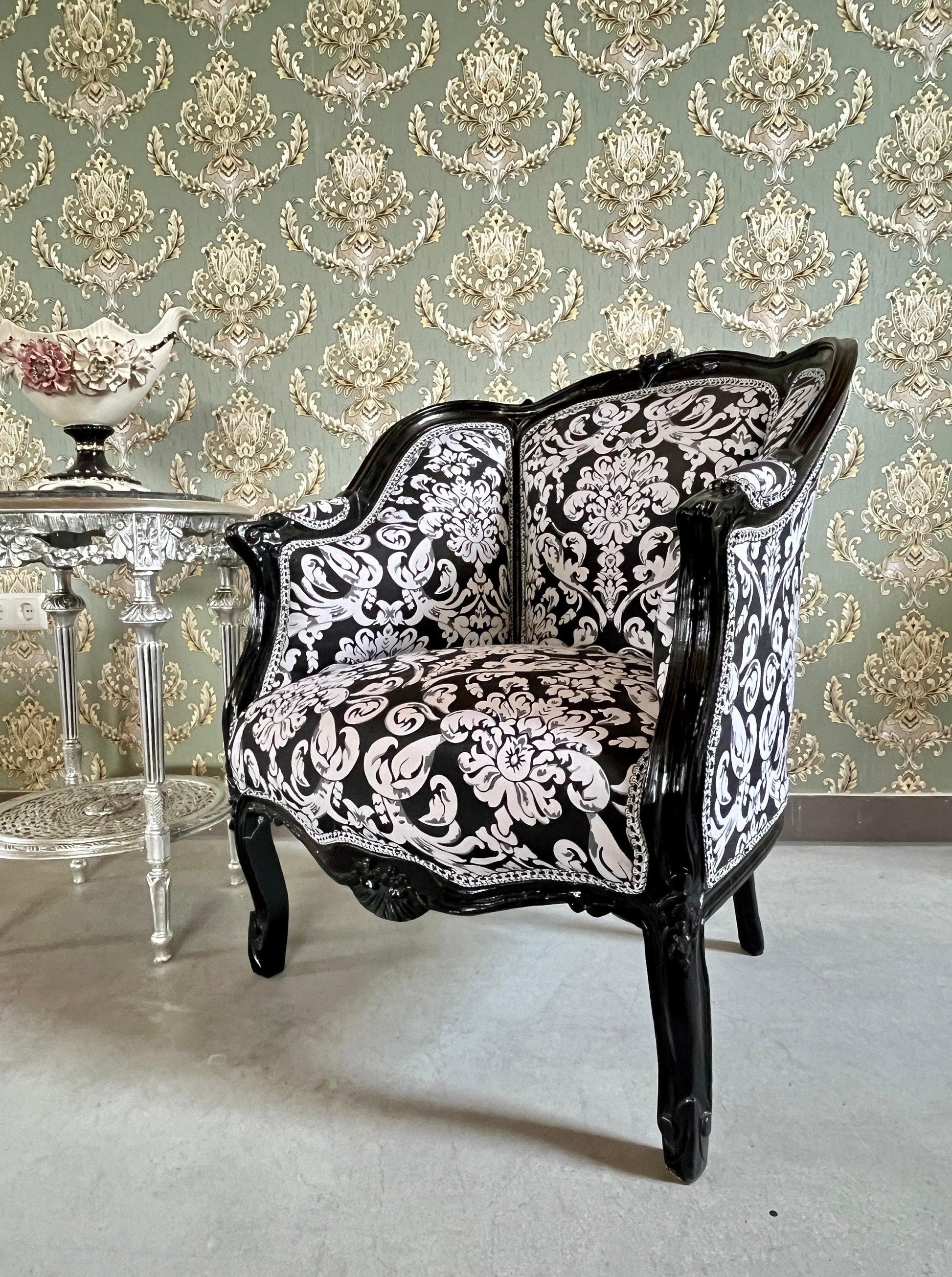 Armchair French Louis Style Shell Shape Chair Nostalgic Baroque Style in Black Floral Lounge Chair for Home Decor
