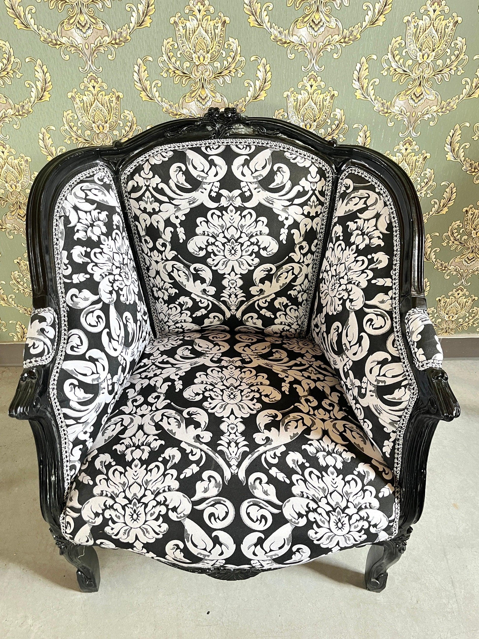 Armchair French Louis Style Shell Shape Chair Nostalgic Baroque Style in Black Floral Lounge Chair for Home Decor
