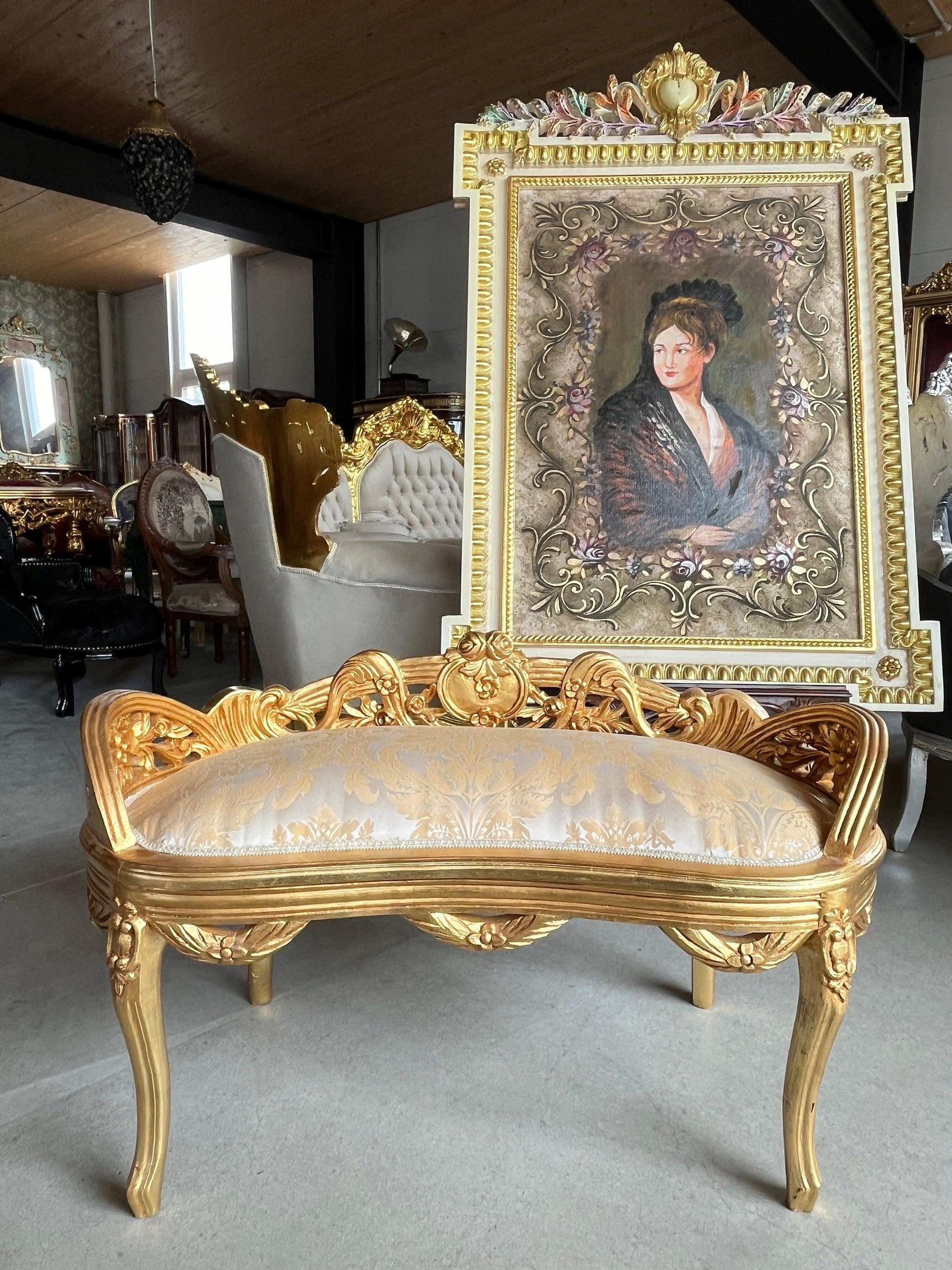 Small Bench French Louis Gold Stool Retro Baroque Rococo Style Ottoman in Ivory Colour Gold Finish for Home Décor Bench for Wedding Event