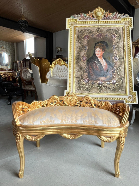 Small Bench French Louis Gold Stool Retro Baroque Rococo Style Ottoman in Ivory Colour Gold Finish for Home Décor Bench for Wedding Event