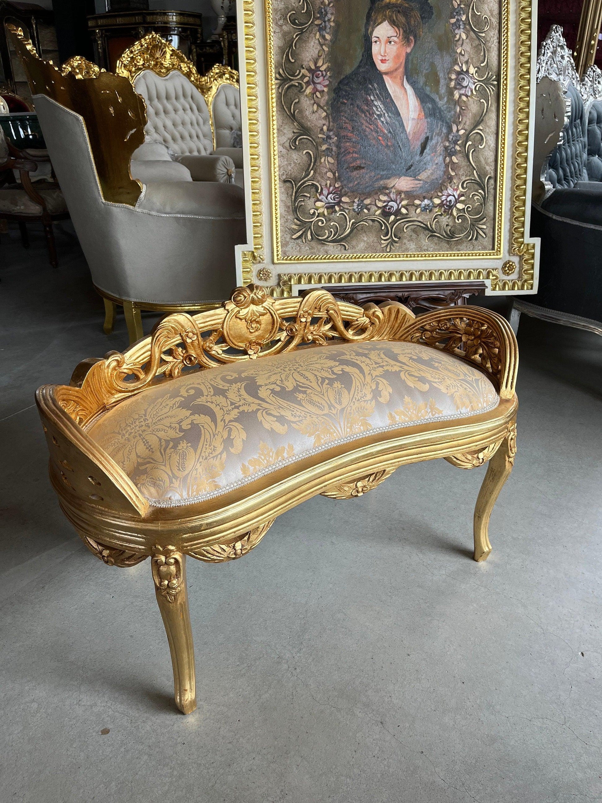 Small Bench French Louis Gold Stool Retro Baroque Rococo Style Ottoman in Ivory Colour Gold Finish for Home Décor Bench for Wedding Event