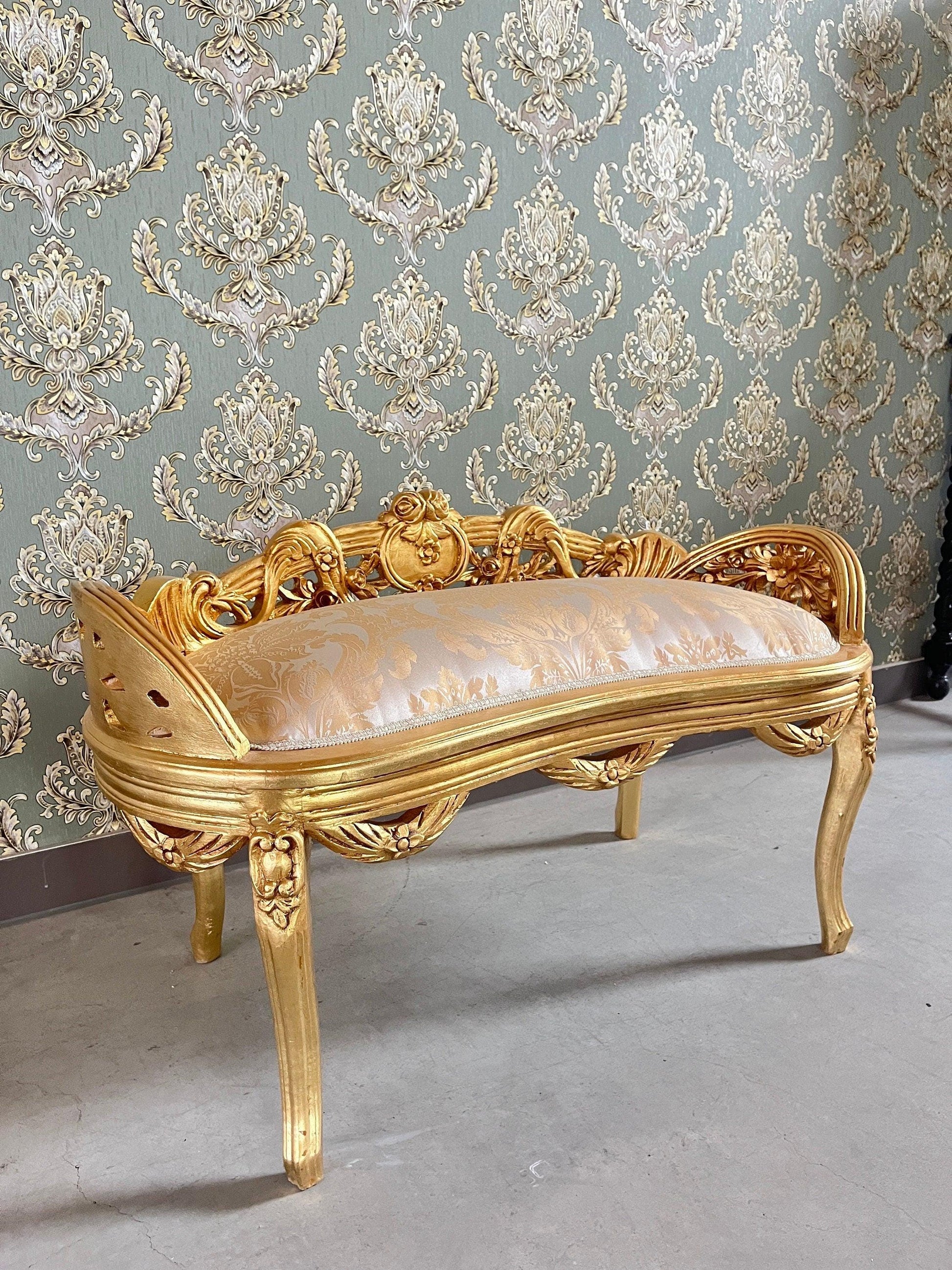 Small Bench French Louis Gold Stool Retro Baroque Rococo Style Ottoman in Ivory Colour Gold Finish for Home Décor Bench for Wedding Event