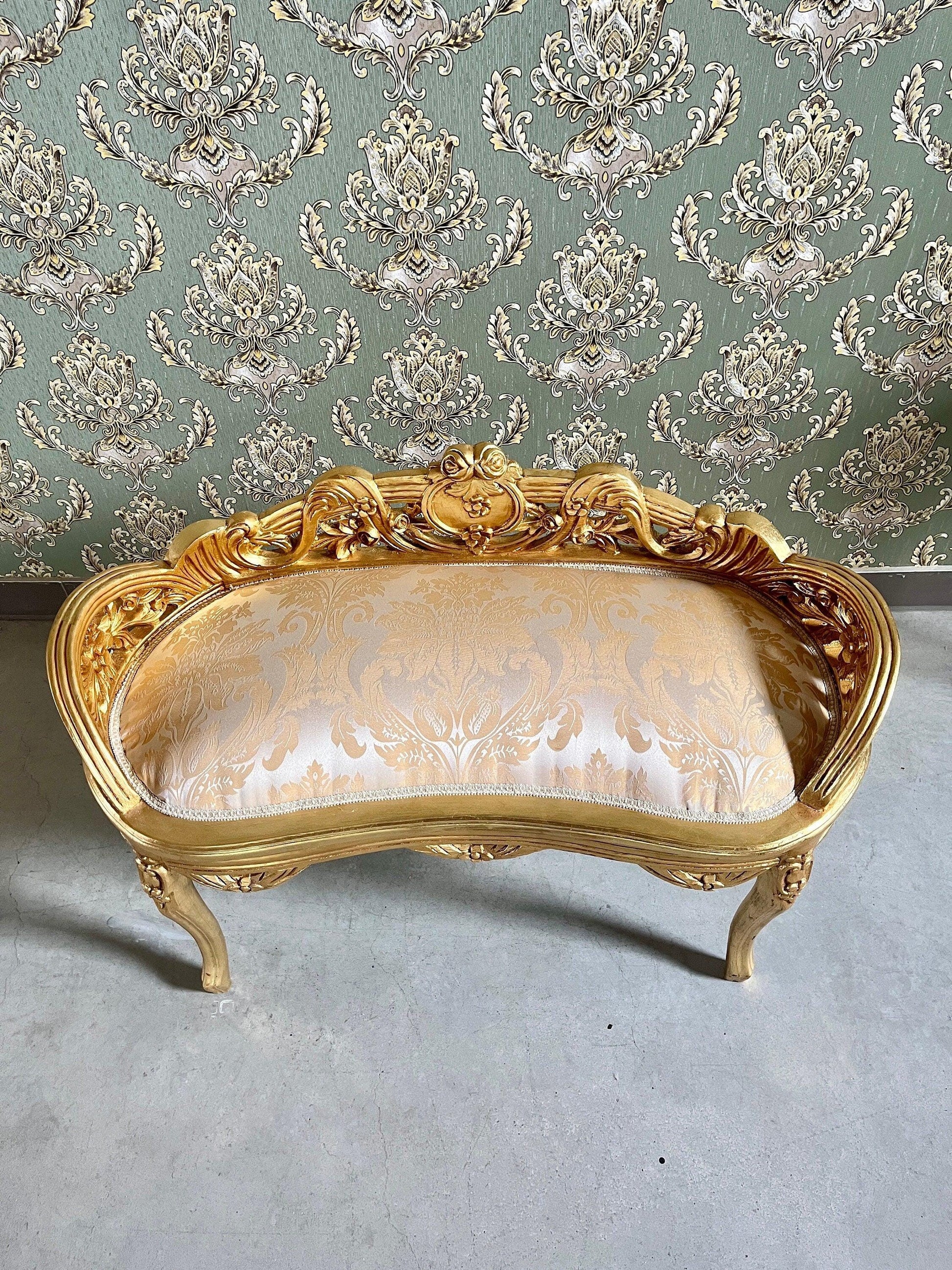 Small Bench French Louis Gold Stool Retro Baroque Rococo Style Ottoman in Ivory Colour Gold Finish for Home Décor Bench for Wedding Event