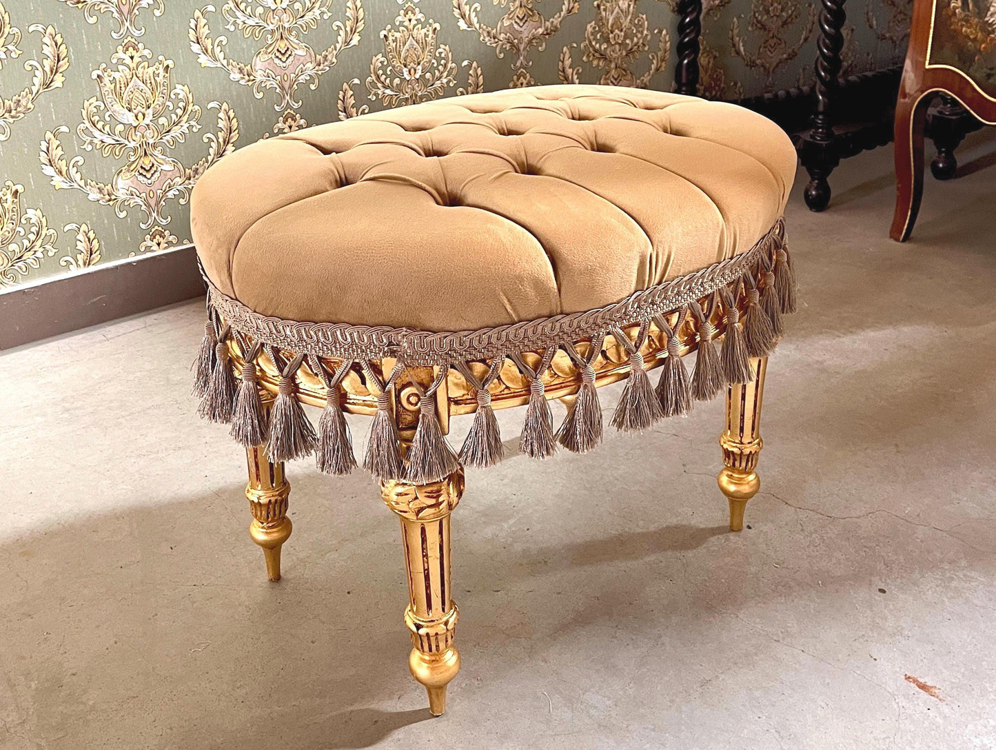 Velvet Pouf French Baroque Style Oval Ottoman With Fringe In Ivory Flower Pattern In Camel Velvet Footstool In Gold Finish