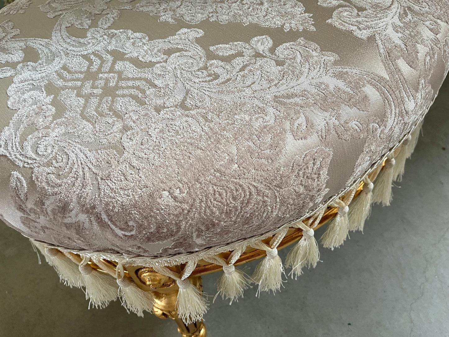 Velvet Pouf French Baroque Style Oval Ottoman With Fringe In Ivory Flower Pattern In Camel Velvet Footstool In Gold Finish