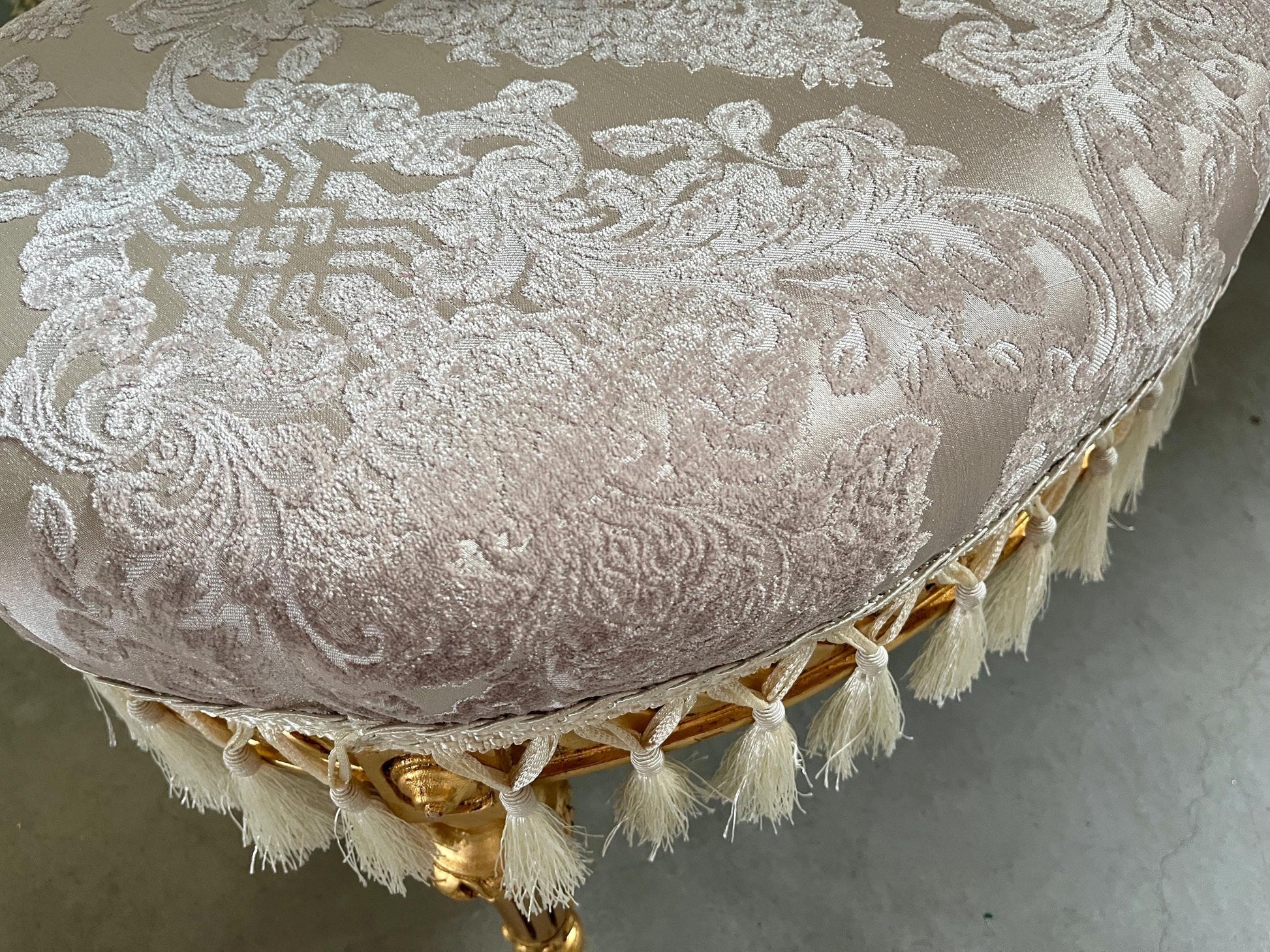 Velvet Pouf French Baroque Style Oval Ottoman With Fringe In Ivory Flower Pattern In Camel Velvet Footstool In Gold Finish