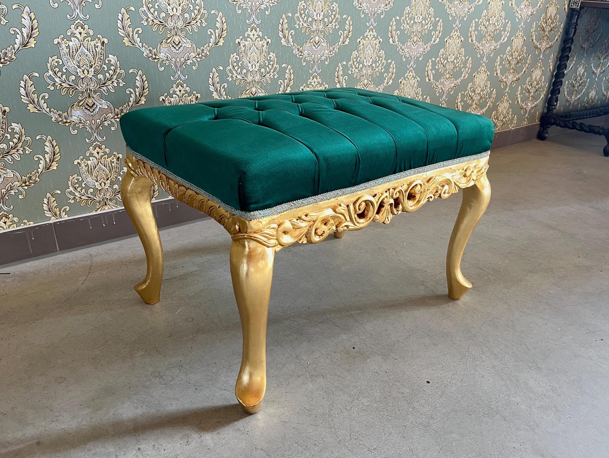 Small Bench Retro Baroque Rococo Style Ottoman in Xmas Green Velvet Gold Finish for Furniture Home Gift Xmas Gift for Home Decor