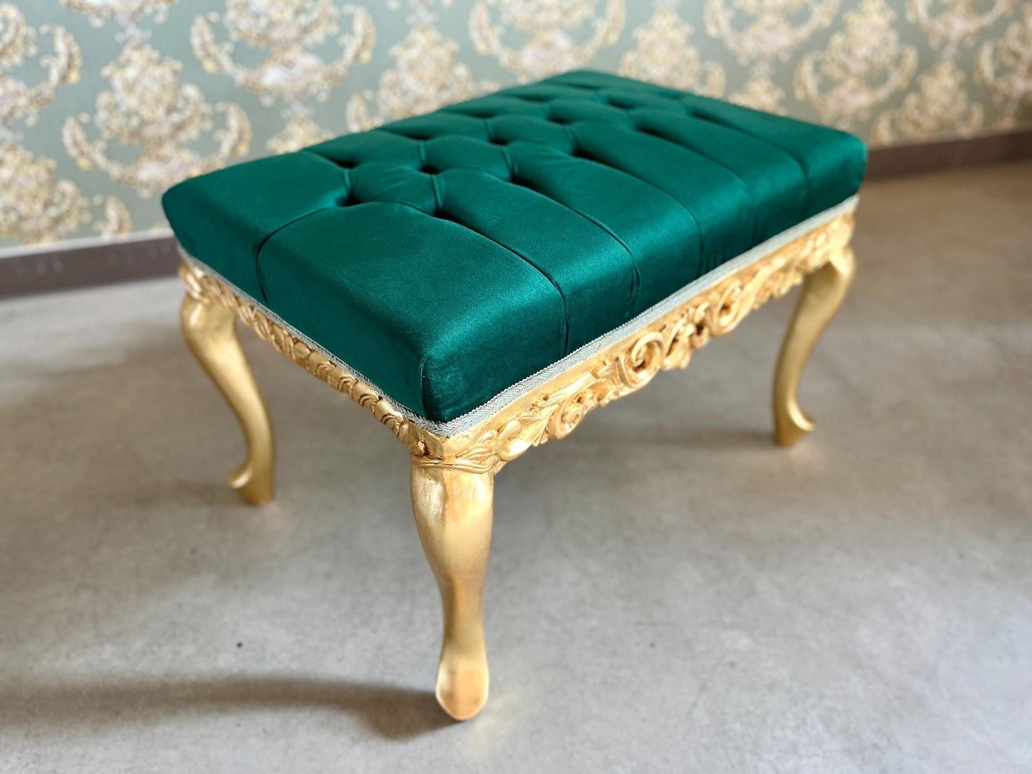 Small Bench Retro Baroque Rococo Style Ottoman in Xmas Green Velvet Gold Finish for Furniture Home Gift Xmas Gift for Home Decor