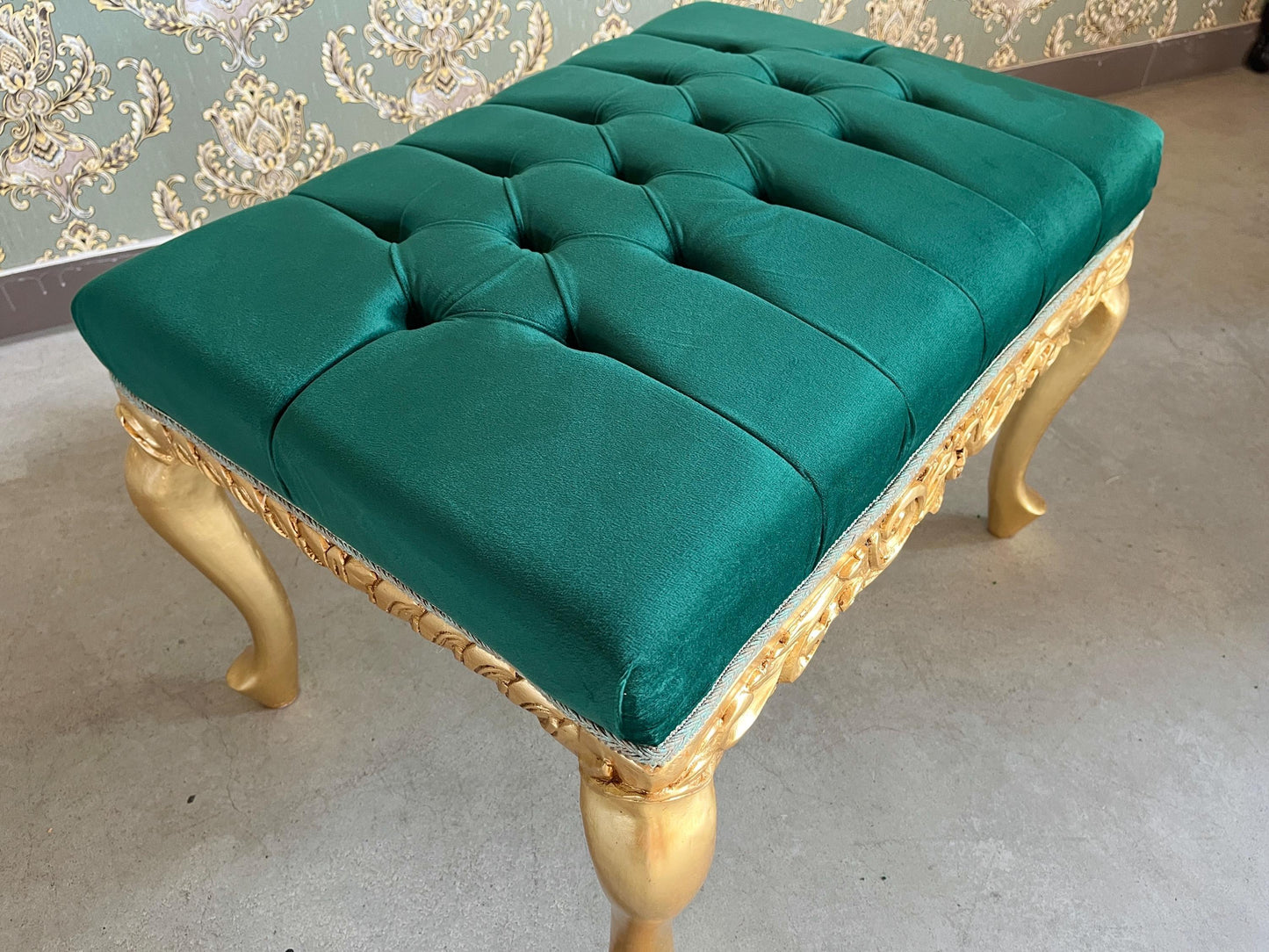 Small Bench Retro Baroque Rococo Style Ottoman in Xmas Green Velvet Gold Finish for Furniture Home Gift Xmas Gift for Home Decor