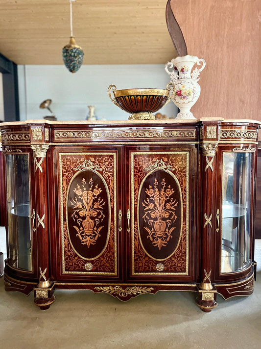 Wooden Cabinet in Nostalgic French Antique Style with Marble Slab at Top Display Cabinet Retro Baroque Style Glass Showcase Cabinet