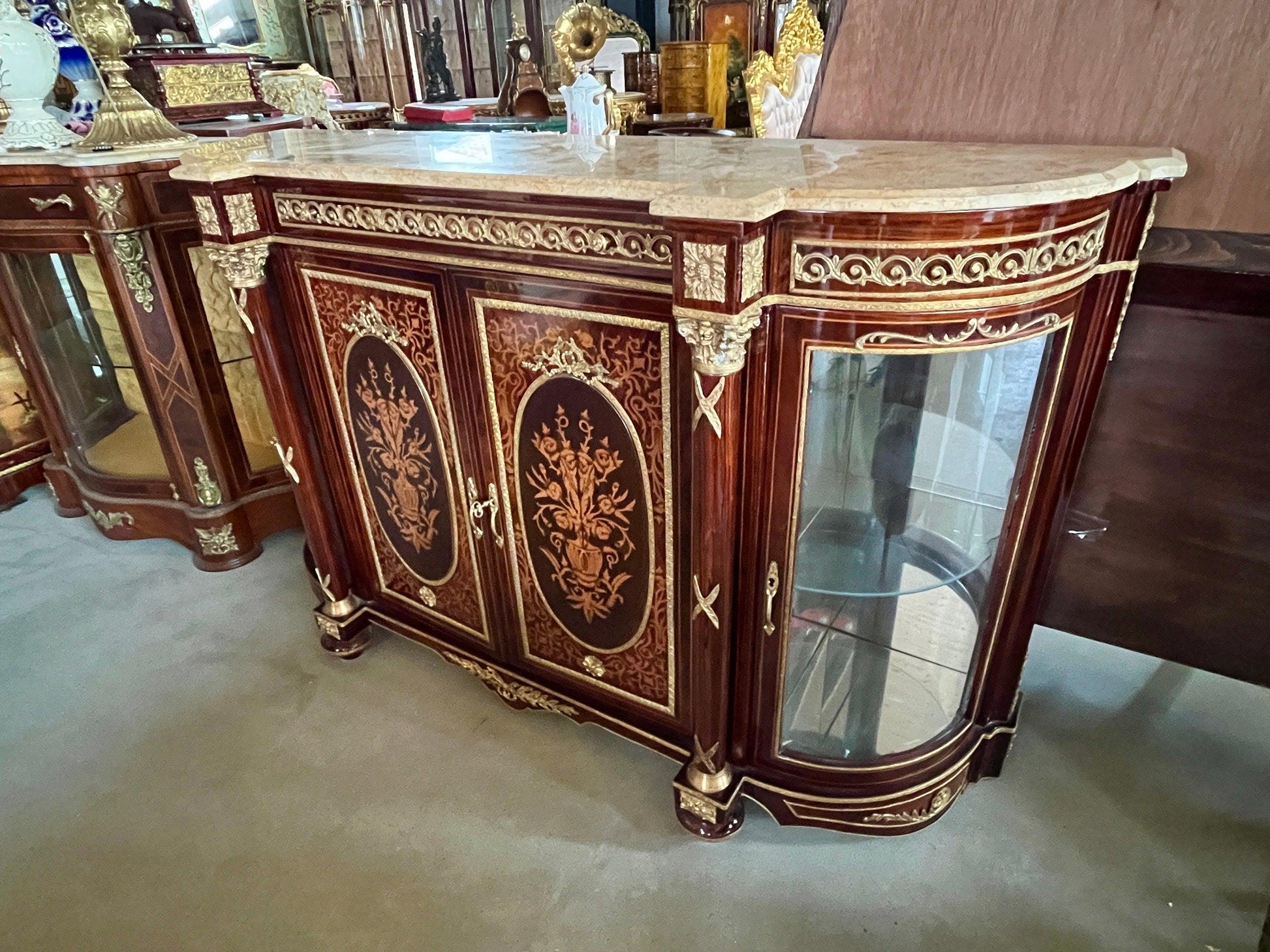 Wooden Cabinet in Nostalgic French Antique Style with Marble Slab at Top Display Cabinet Retro Baroque Style Glass Showcase Cabinet