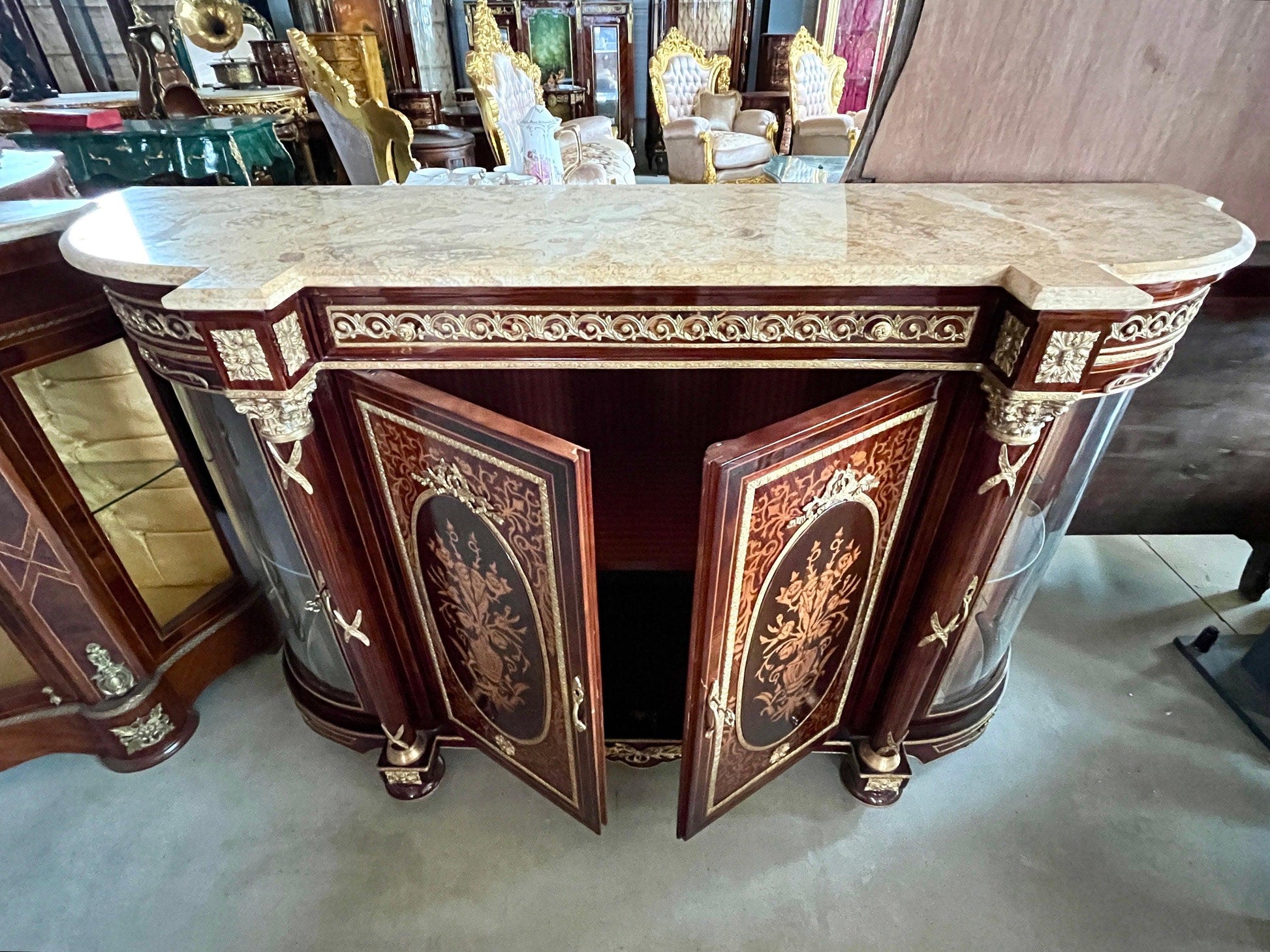 Wooden Cabinet in Nostalgic French Antique Style with Marble Slab at Top Display Cabinet Retro Baroque Style Glass Showcase Cabinet