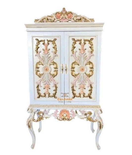 Wooden Cabinet French Baroque Style Flower Carving in Front White Color Cabinet for Home Decor or Store Display Cabinet