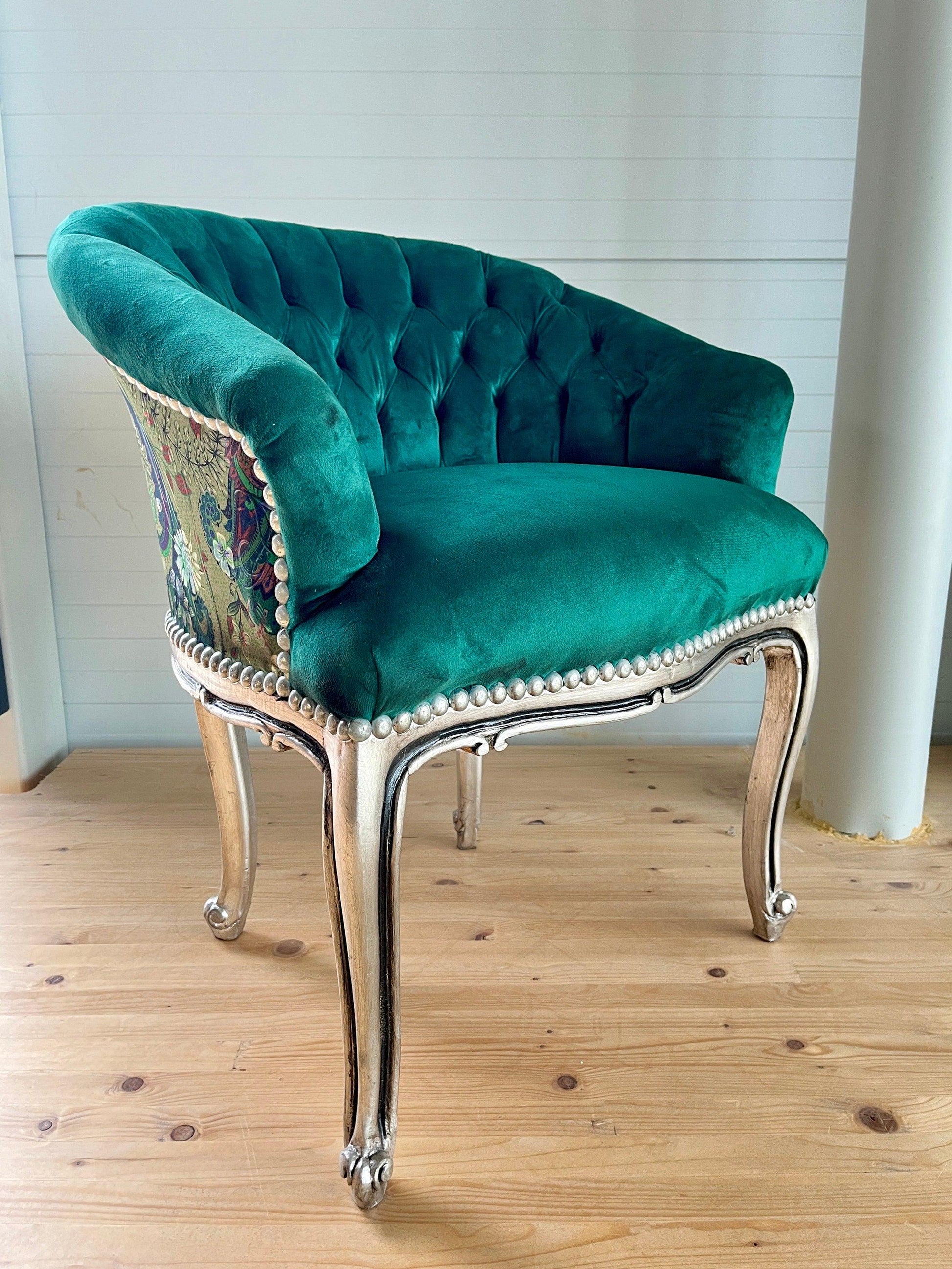 Cocktail Chair Tufted Velvet French Baroque Rococo Style in Animal Jungle Print at Back Bar Chair Velvet Yellow Velvet Green Lounge Chair