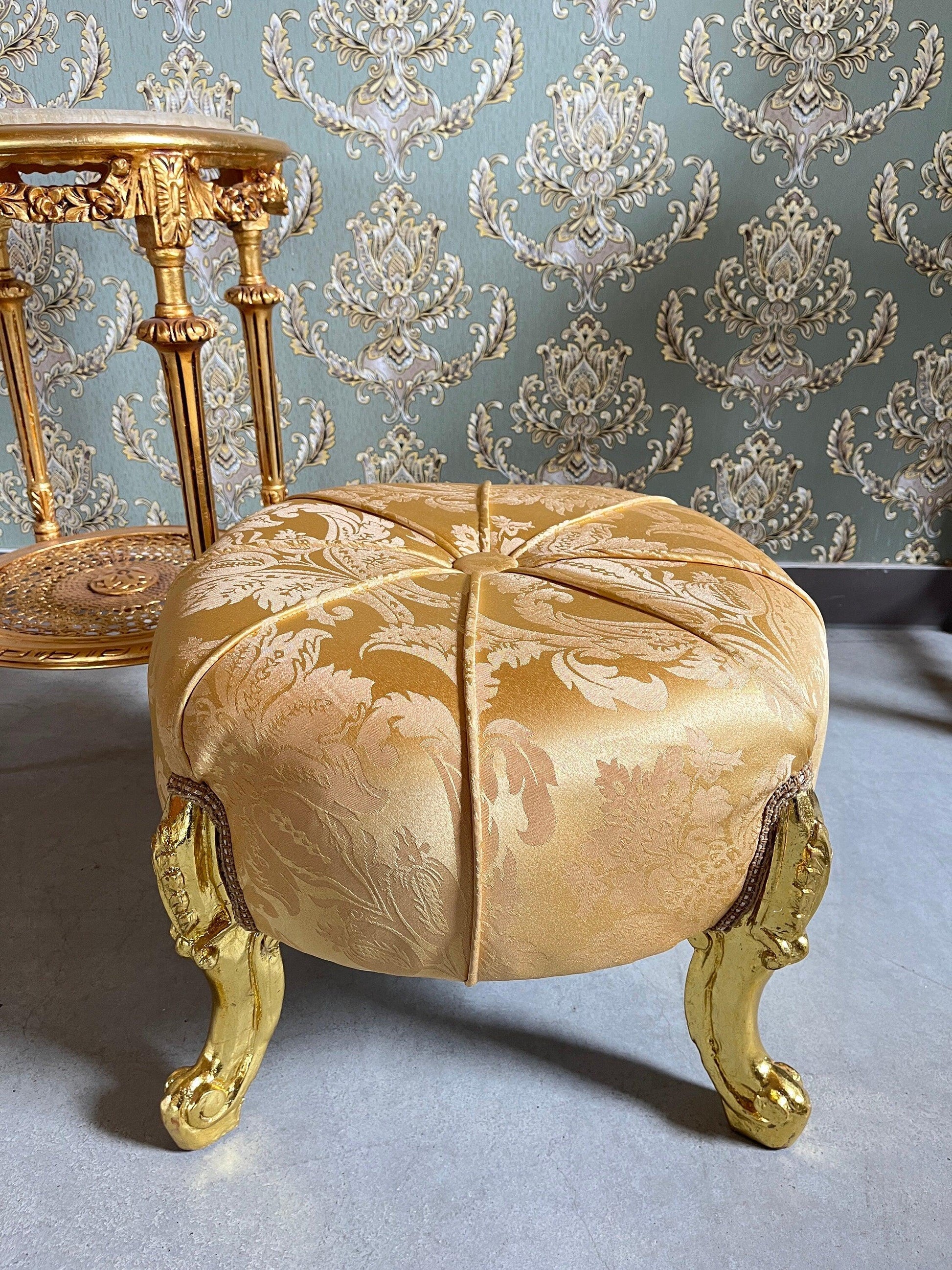 Ottoman French Baroque Rococo Style Footstool for Home Decor Foil Gold Finish in Gold / Beige / Black Jacquard Fabrics