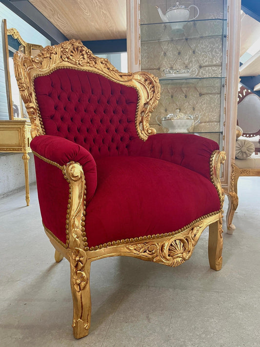 Armchair Burgundy Color Velvet Bordeaux Wooden Frame French Louis Baroque Style Sofa Chair for Home Decor