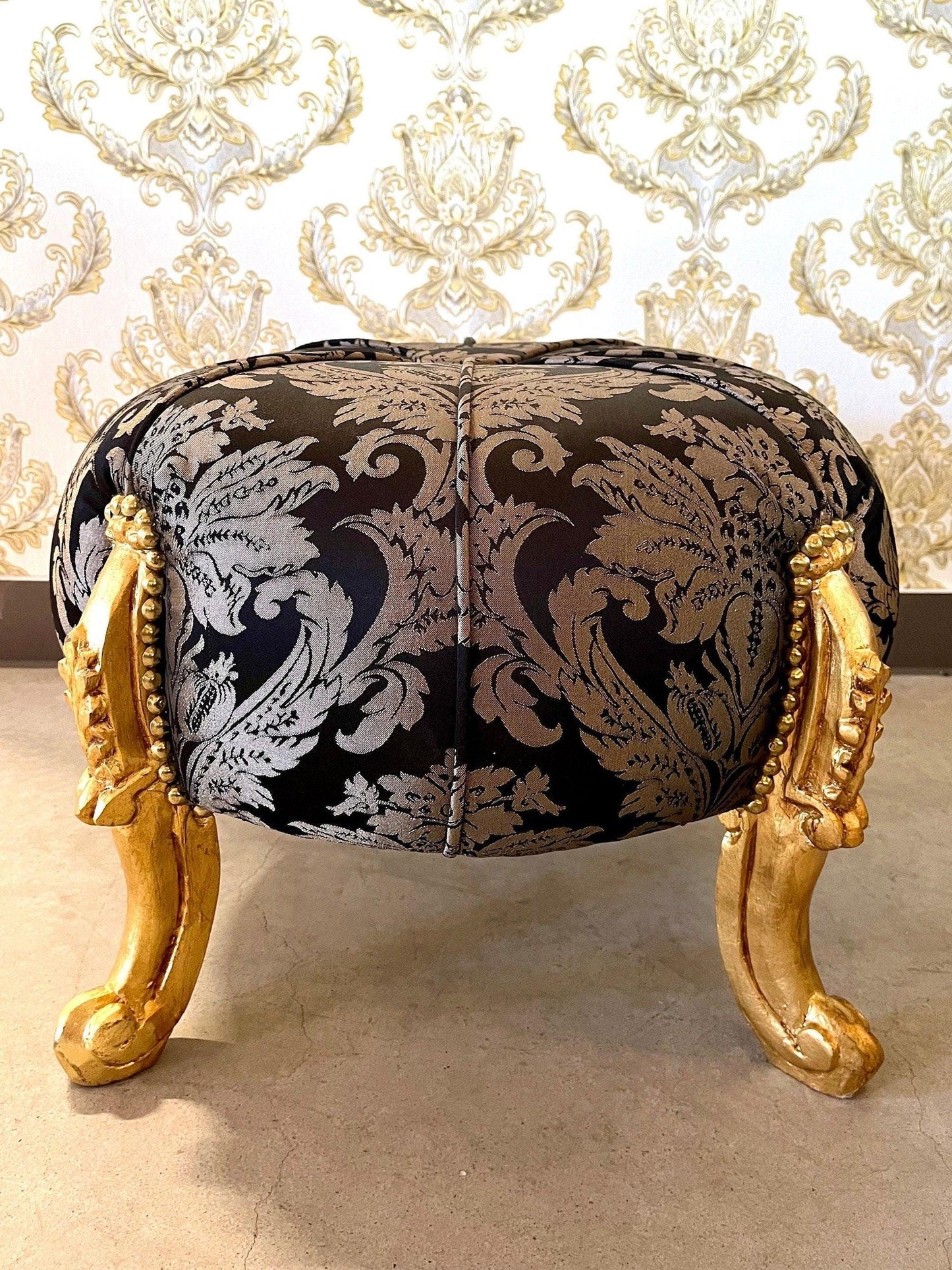 Ottoman French Baroque Rococo Style Footstool for Home Decor Foil Gold Finish in Gold / Beige / Black Jacquard Fabrics