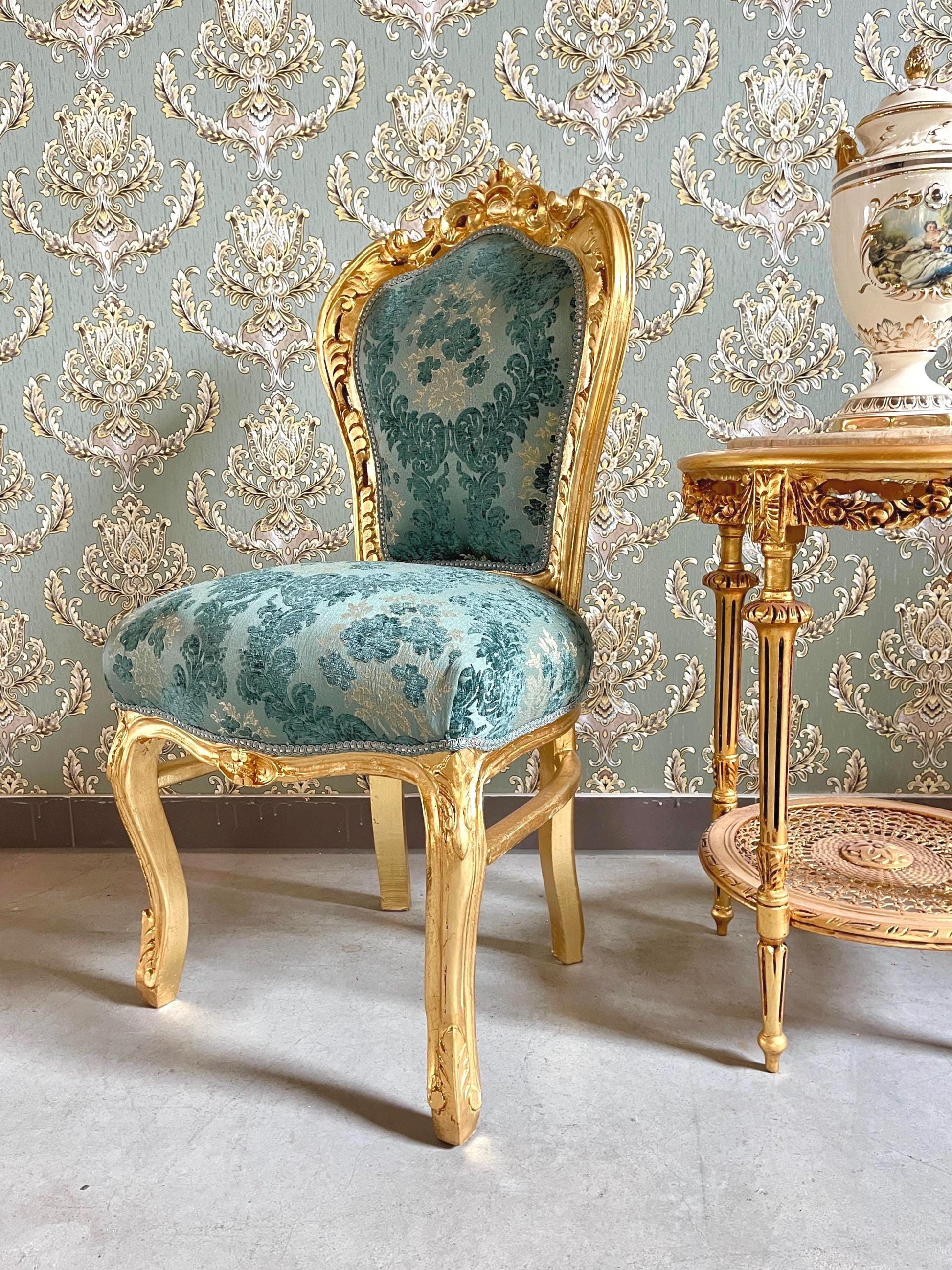 Accent Chair French Louis Style Gold Dining Chair in Xmas Green Damask Baroque Rococo Style Chair Flower Pattern for Holiday Home Decor