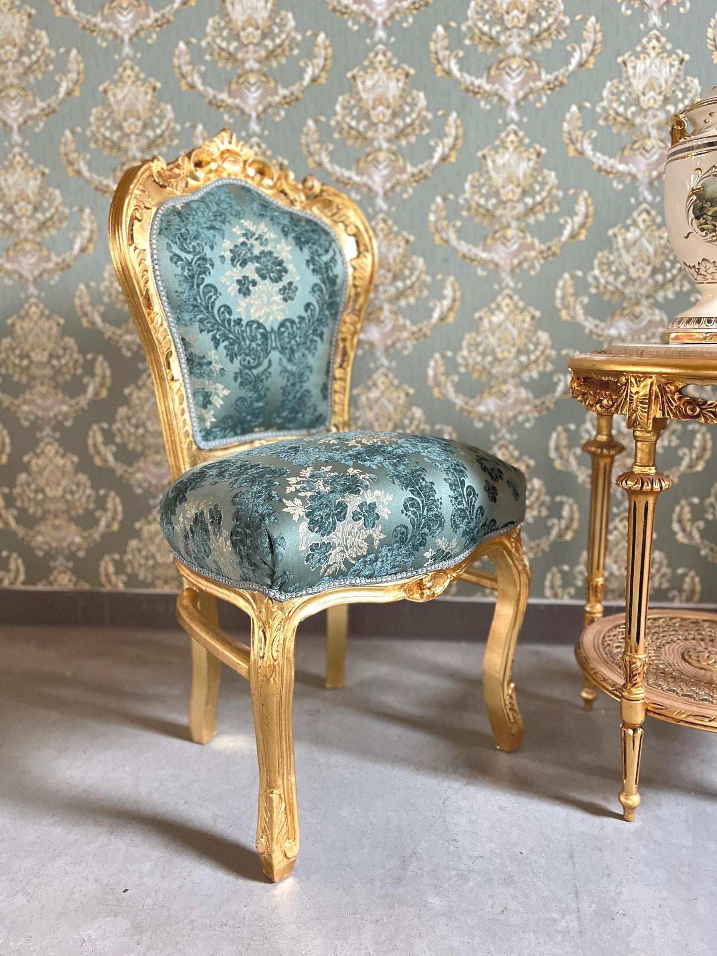 Accent Chair French Louis Style Gold Dining Chair in Xmas Green Damask Baroque Rococo Style Chair Flower Pattern for Holiday Home Decor