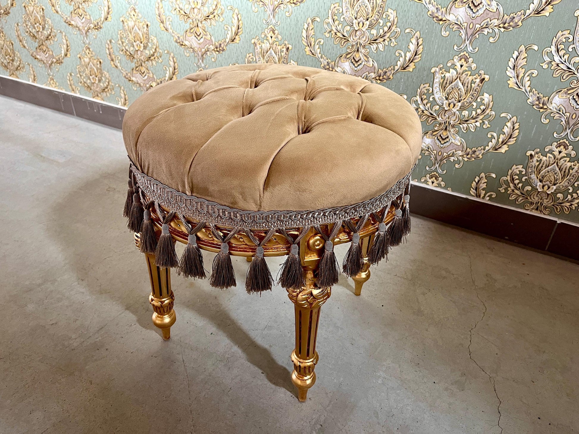 Adorable Velvet Pouf French Baroque Style Ottoman With Fringe In Ivory Flower Pattern In Camel Velvet Footstool In Gold Finish