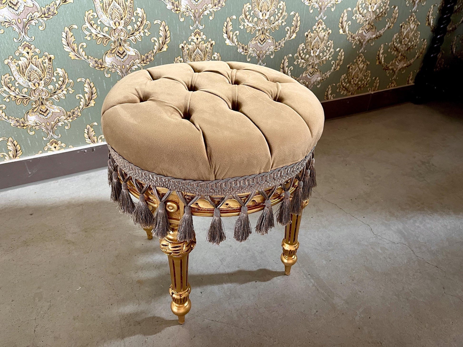 Adorable Velvet Pouf French Baroque Style Ottoman With Fringe In Ivory Flower Pattern In Camel Velvet Footstool In Gold Finish