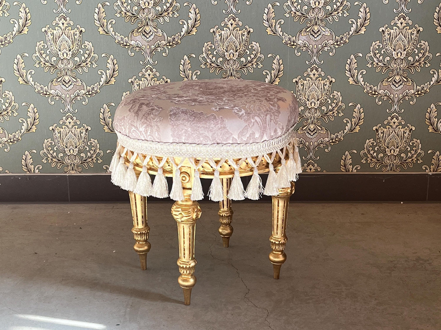 Adorable Velvet Pouf French Baroque Style Ottoman With Fringe In Ivory Flower Pattern In Camel Velvet Footstool In Gold Finish
