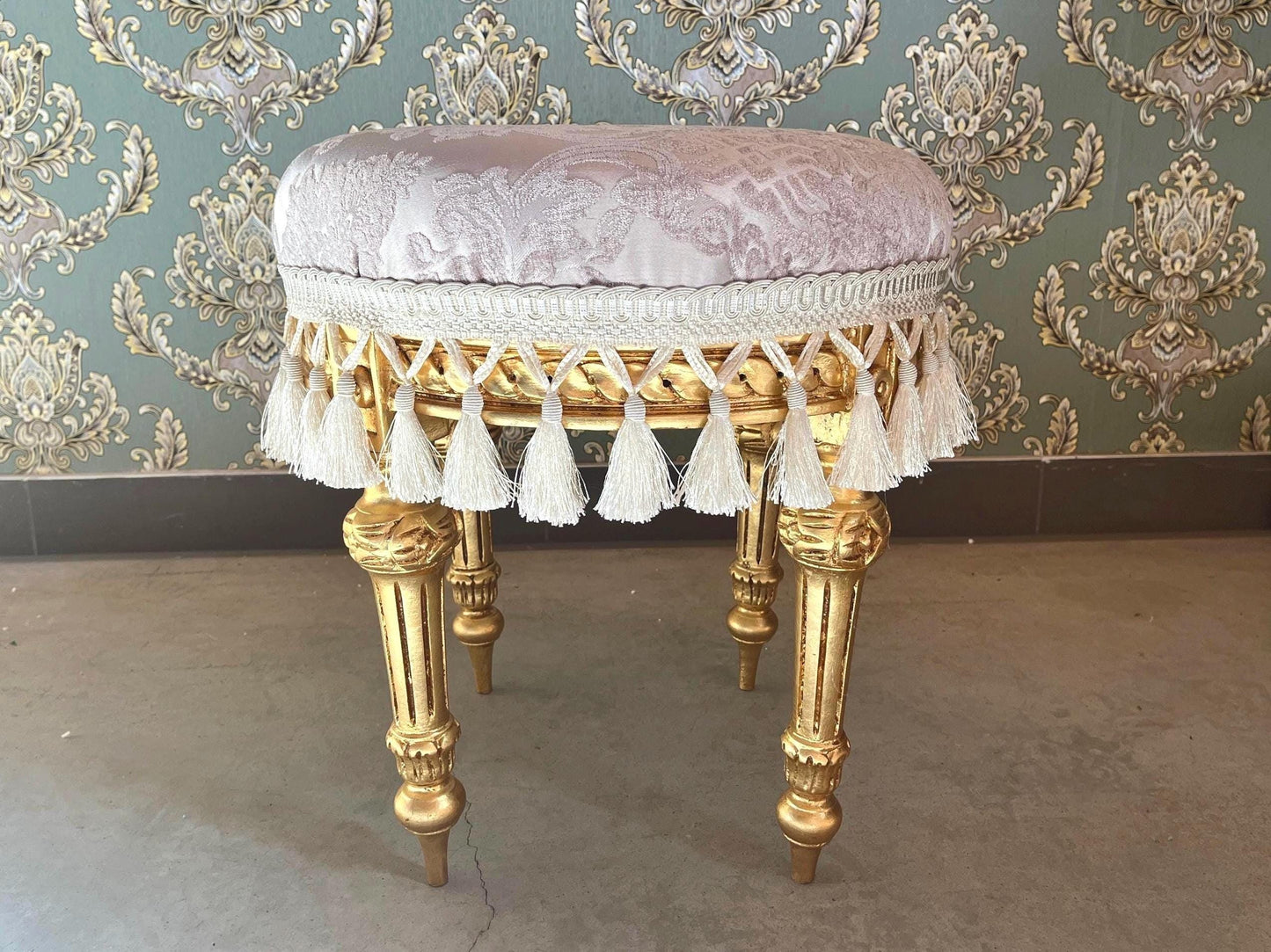 Adorable Velvet Pouf French Baroque Style Ottoman With Fringe In Ivory Flower Pattern In Camel Velvet Footstool In Gold Finish