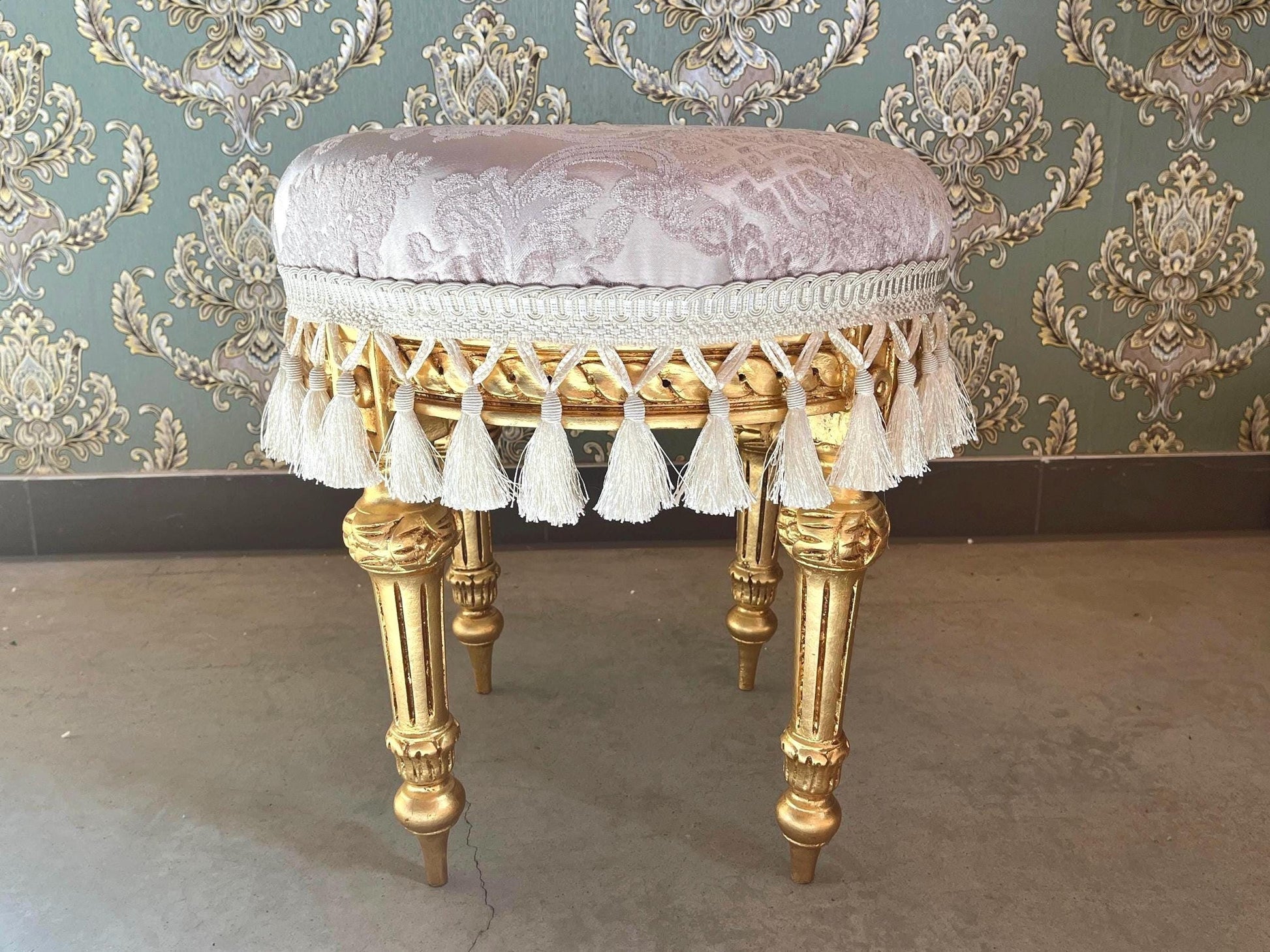 Adorable Velvet Pouf French Baroque Style Ottoman With Fringe In Ivory Flower Pattern In Camel Velvet Footstool In Gold Finish