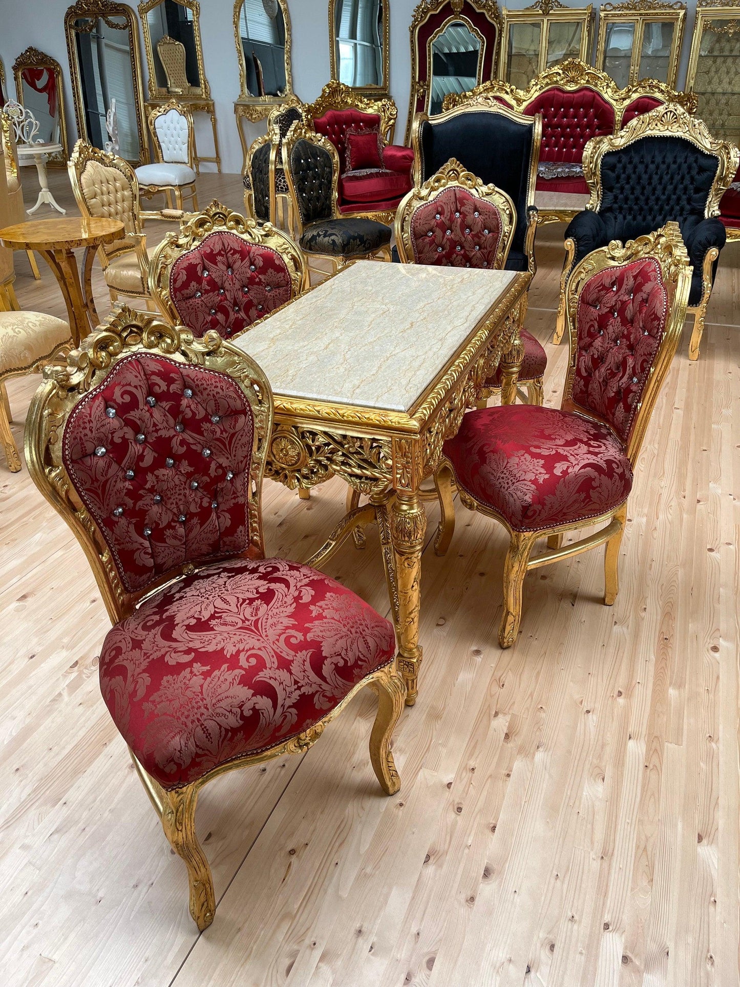 Esszimmerstuhl- und Tischset im französischen Barock-Rokoko-Stil / French Baroque Rococo Style Dining Chair Table Set