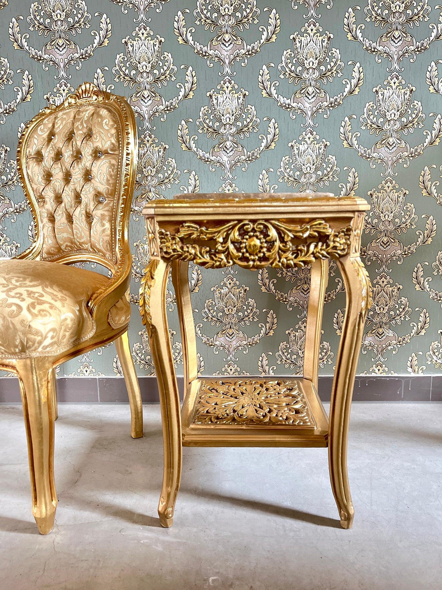 Square Side Table Marble Top in Retro Baroque Rococo Style in Beige or Gold Finish