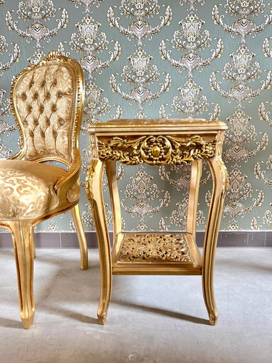 Square Side Table Marble Top in Retro Baroque Rococo Style in Beige or Gold Finish