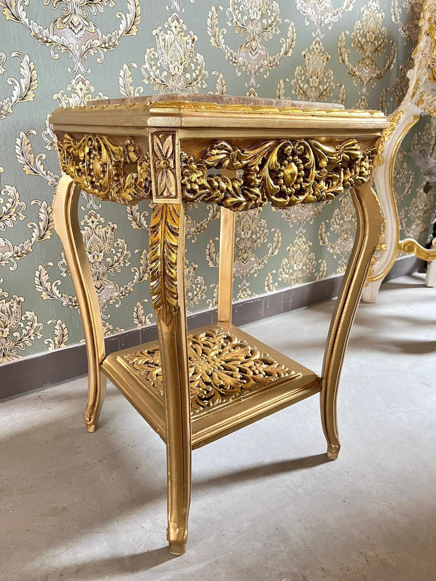 Square Side Table Marble Top in Retro Baroque Rococo Style in Beige or Gold Finish