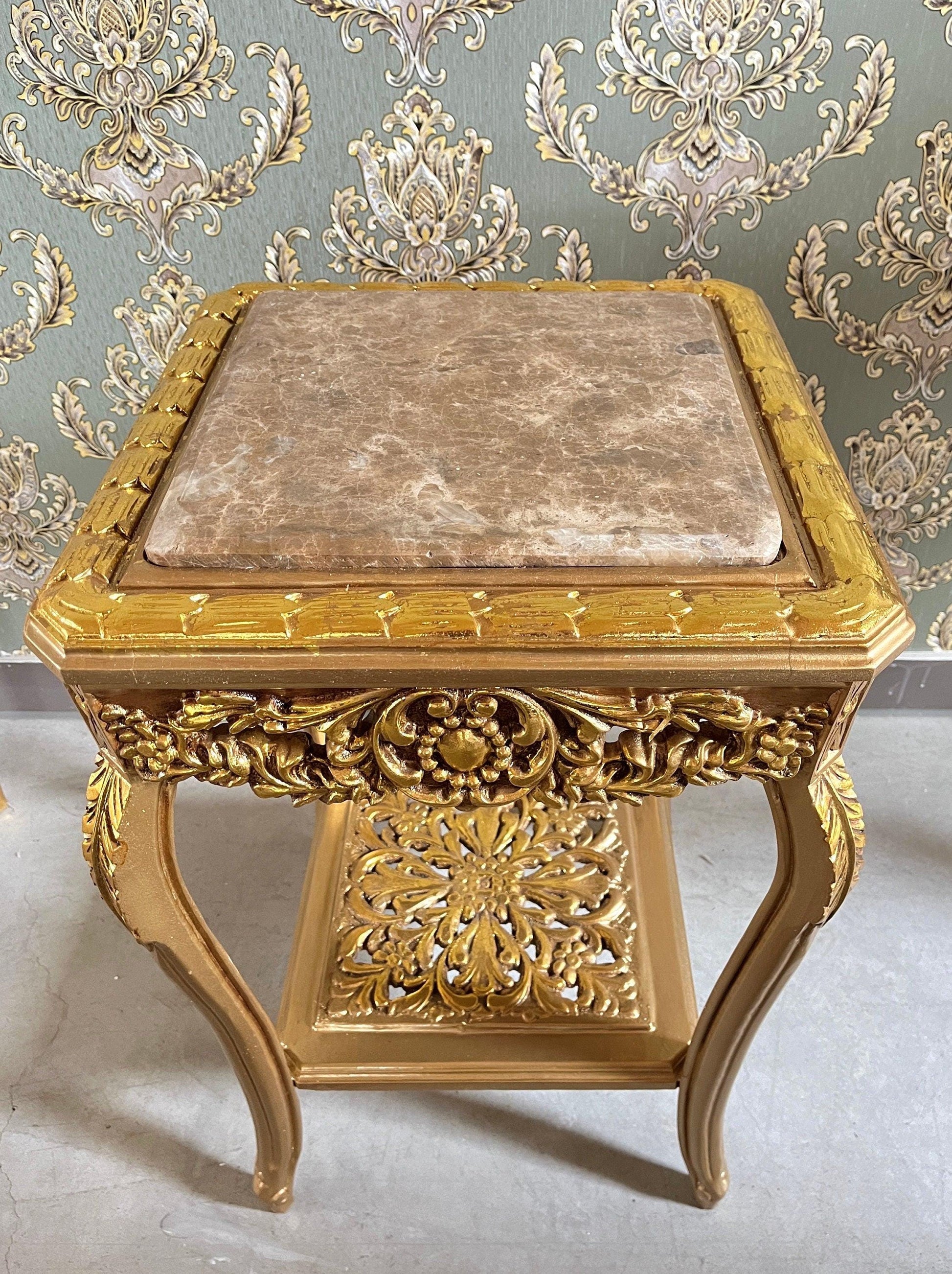 Square Side Table Marble Top in Retro Baroque Rococo Style in Beige or Gold Finish