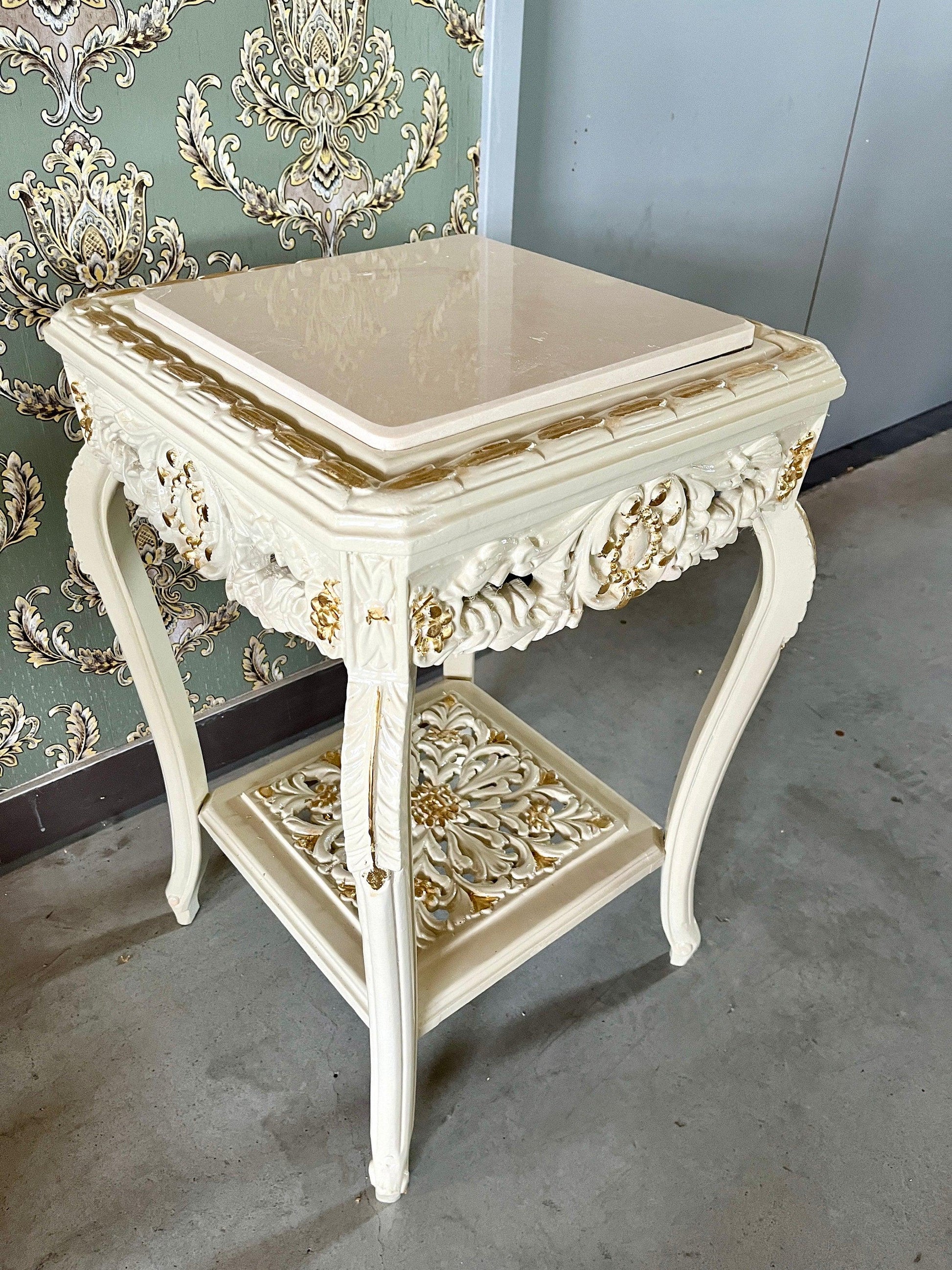 Square Side Table Marble Top in Retro Baroque Rococo Style in Beige or Gold Finish
