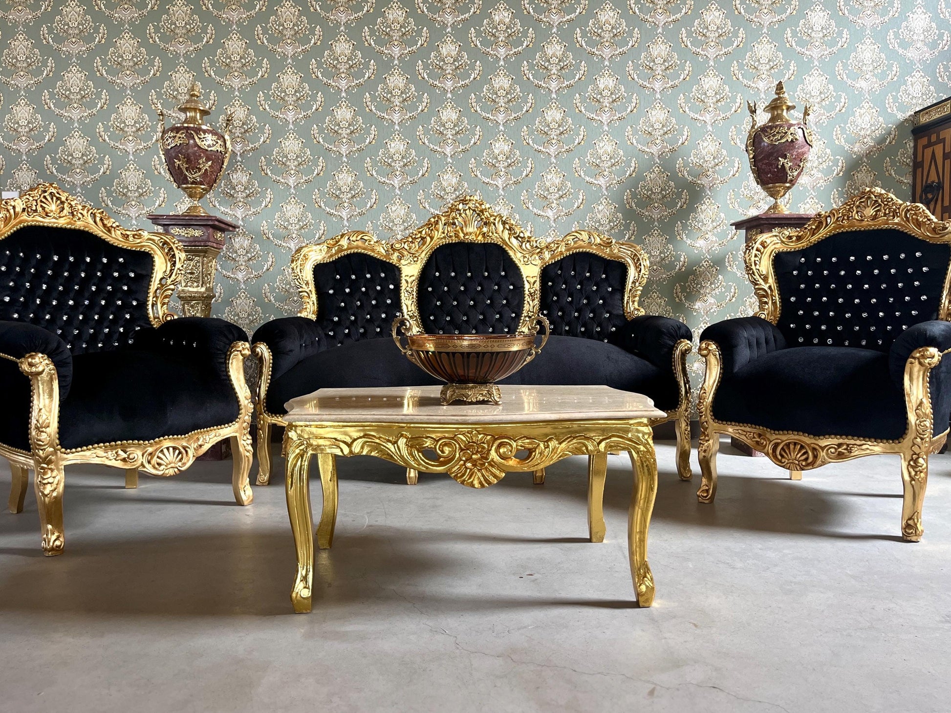 Louis XV Sofa Set in Black Velvet & Gold Finish Couch Set with Coffee Table Baroque Rococo Style for Home Decor or Commercial Display