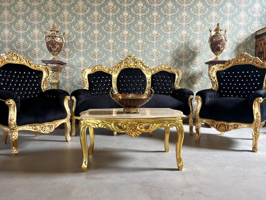Louis XV Sofa Set in Black Velvet & Gold Finish Couch Set with Coffee Table Baroque Rococo Style for Home Decor or Commercial Display