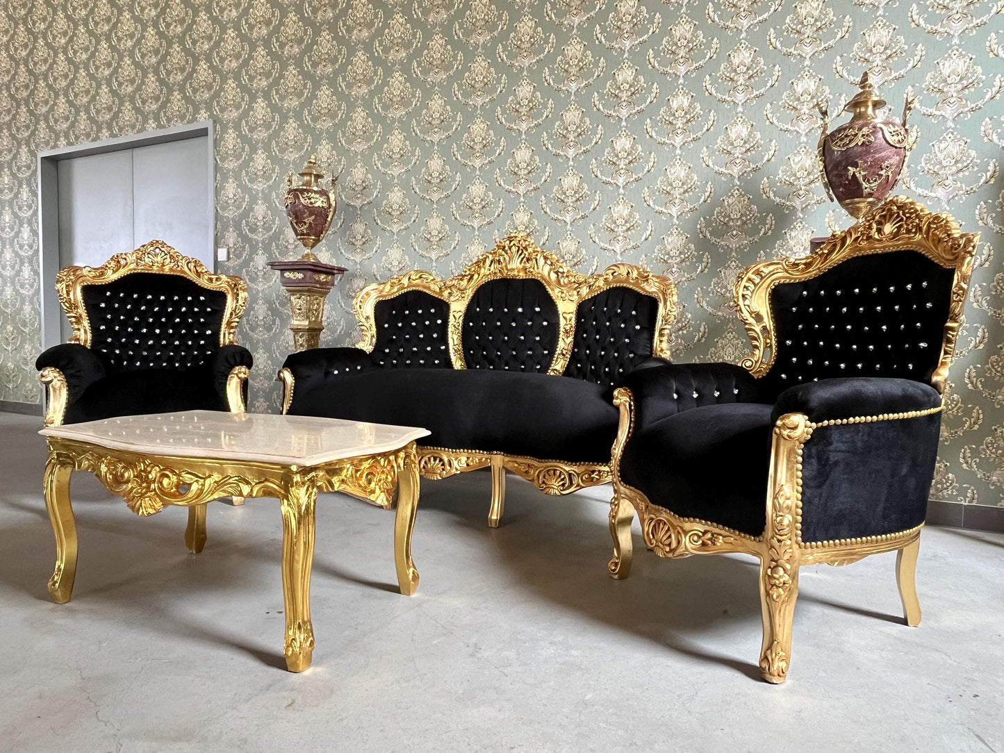 Louis XV Sofa Set in Black Velvet & Gold Finish Couch Set with Coffee Table Baroque Rococo Style for Home Decor or Commercial Display