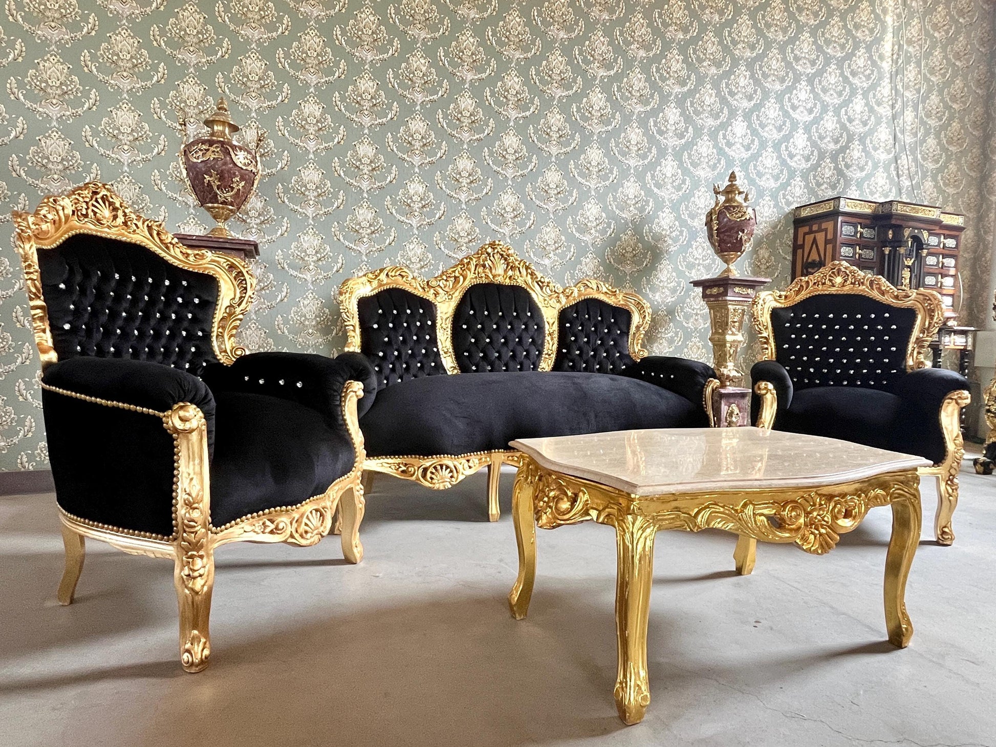 Louis XV Sofa Set in Black Velvet & Gold Finish Couch Set with Coffee Table Baroque Rococo Style for Home Decor or Commercial Display