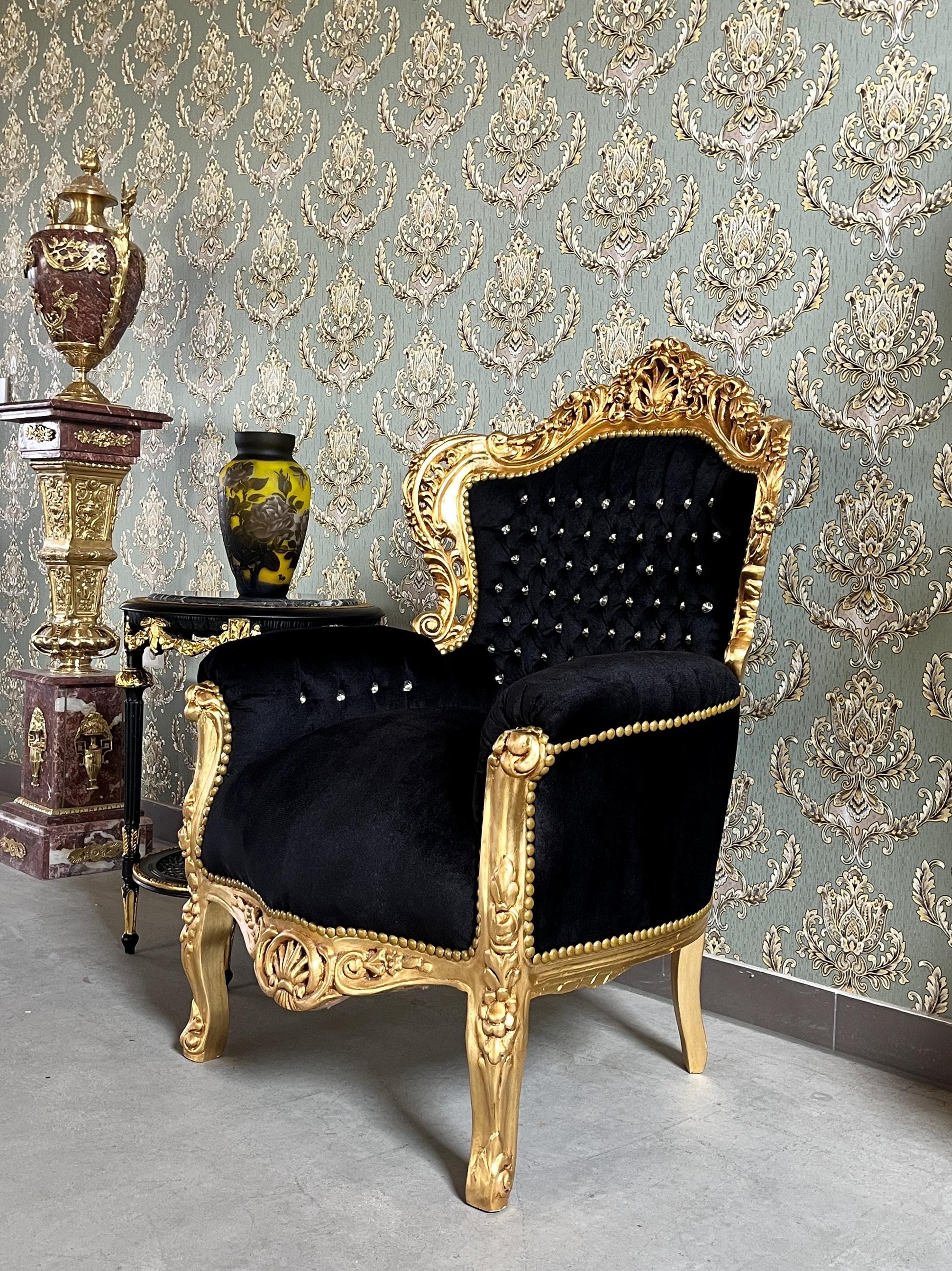 Louis XV Sofa Set in Black Velvet & Gold Finish Couch Set with Coffee Table Baroque Rococo Style for Home Decor or Commercial Display