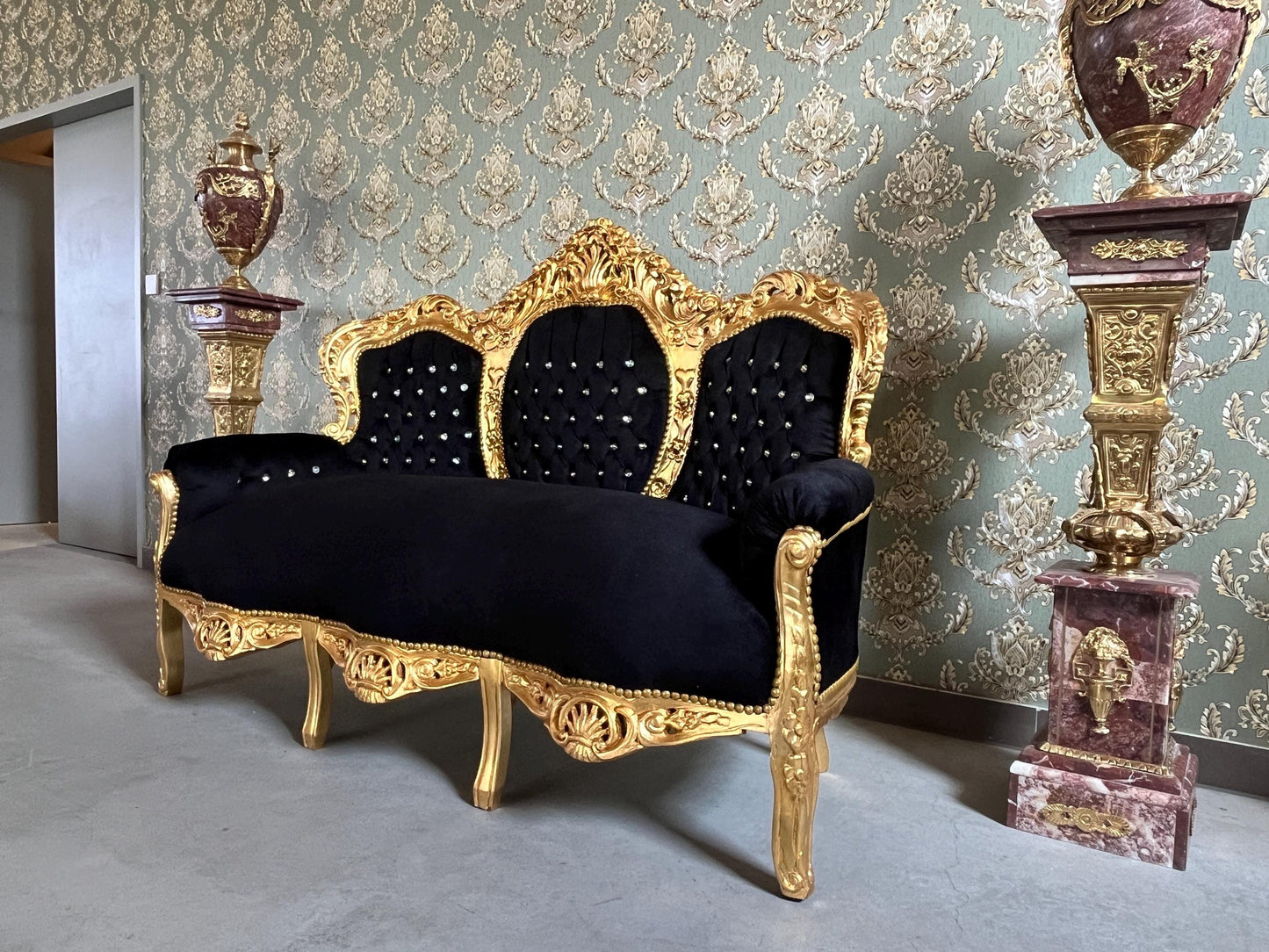 Louis XV Sofa Set in Black Velvet & Gold Finish Couch Set with Coffee Table Baroque Rococo Style for Home Decor or Commercial Display