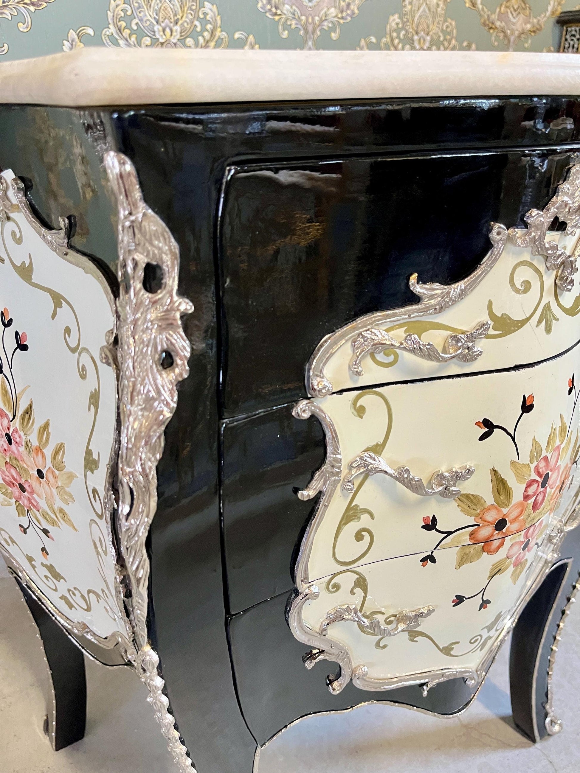 Baroque Nightstand: Hand-Painted Floral Accent, French Antique Style