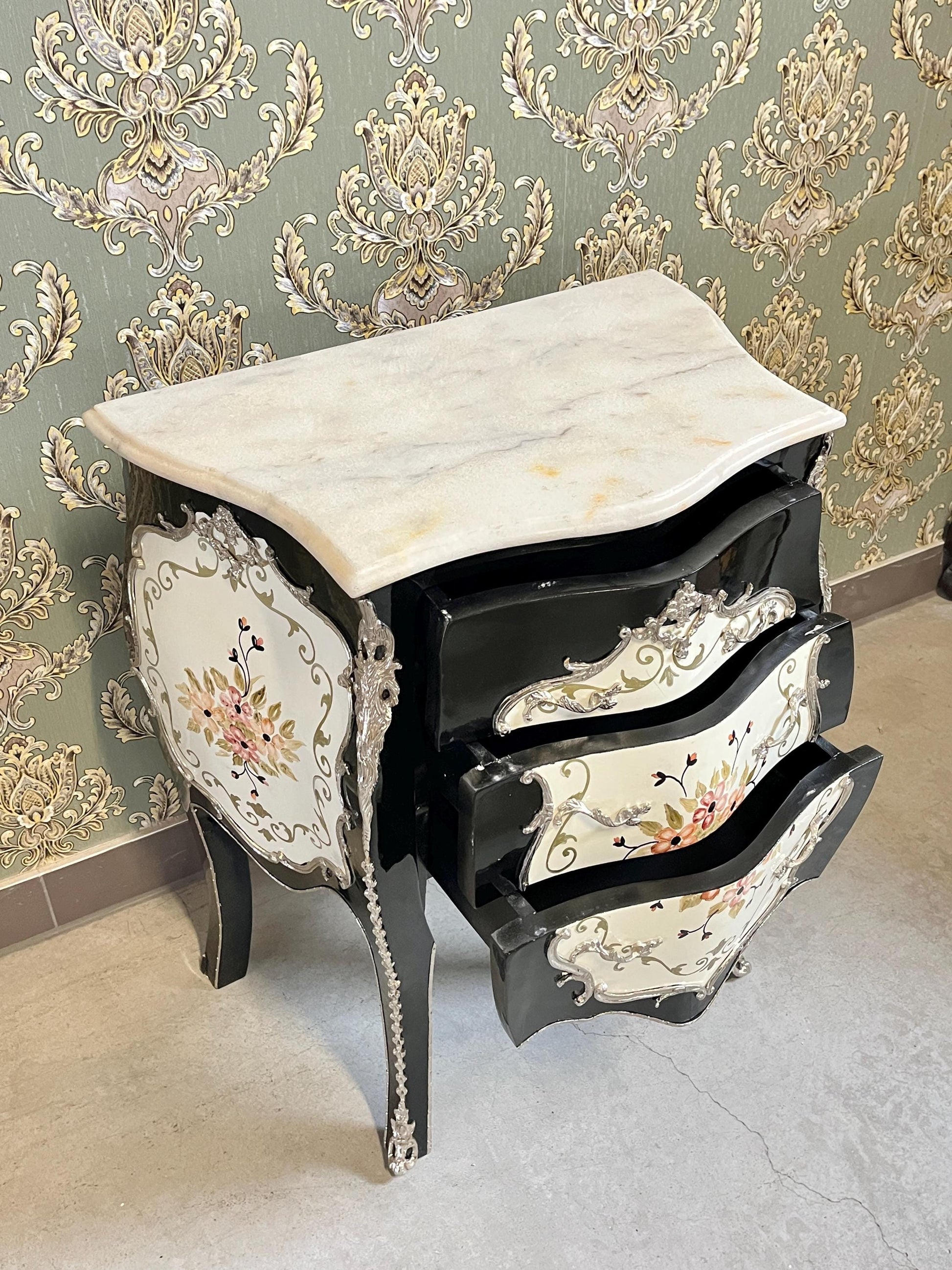 Baroque Nightstand: Hand-Painted Floral Accent, French Antique Style