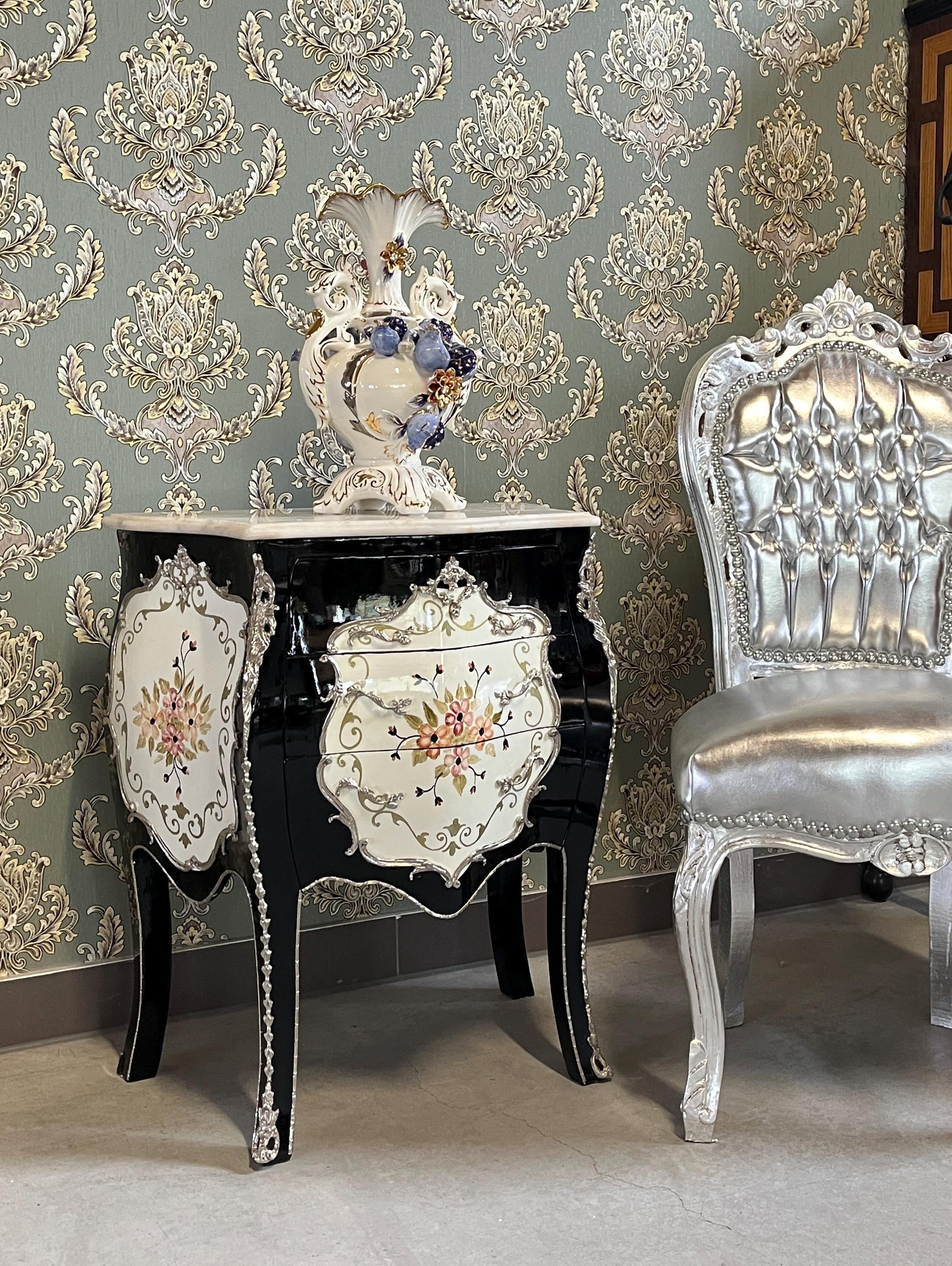Baroque Nightstand: Hand-Painted Floral Accent, French Antique Style